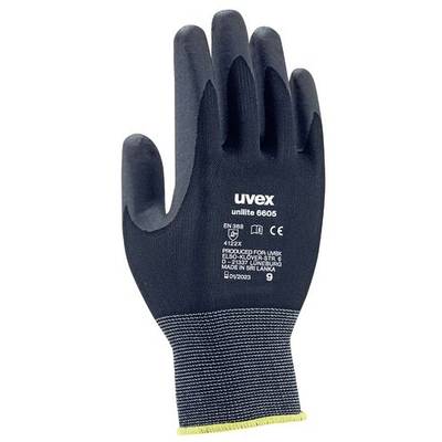 Schutzhandschuh, schwarze Oberfläche mit grauem Bündchen, Markenname 'uvex' auf dem Handrücken, geeignet für industrielle Anwendungen.
