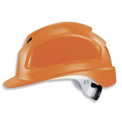 Ein orangefarbener Schutzhelm mit Visier, seitliche Ansicht, geeignet für den Einsatz auf Baustellen oder in industriellen Umgebungen.
