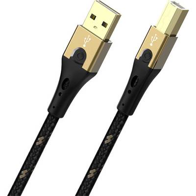 USB-Kabel mit goldfarbenen Anschlüssen. Links: Standard-USB, rechts: Druckeranschluss. Schwarzes, geflochtenes Kabel.