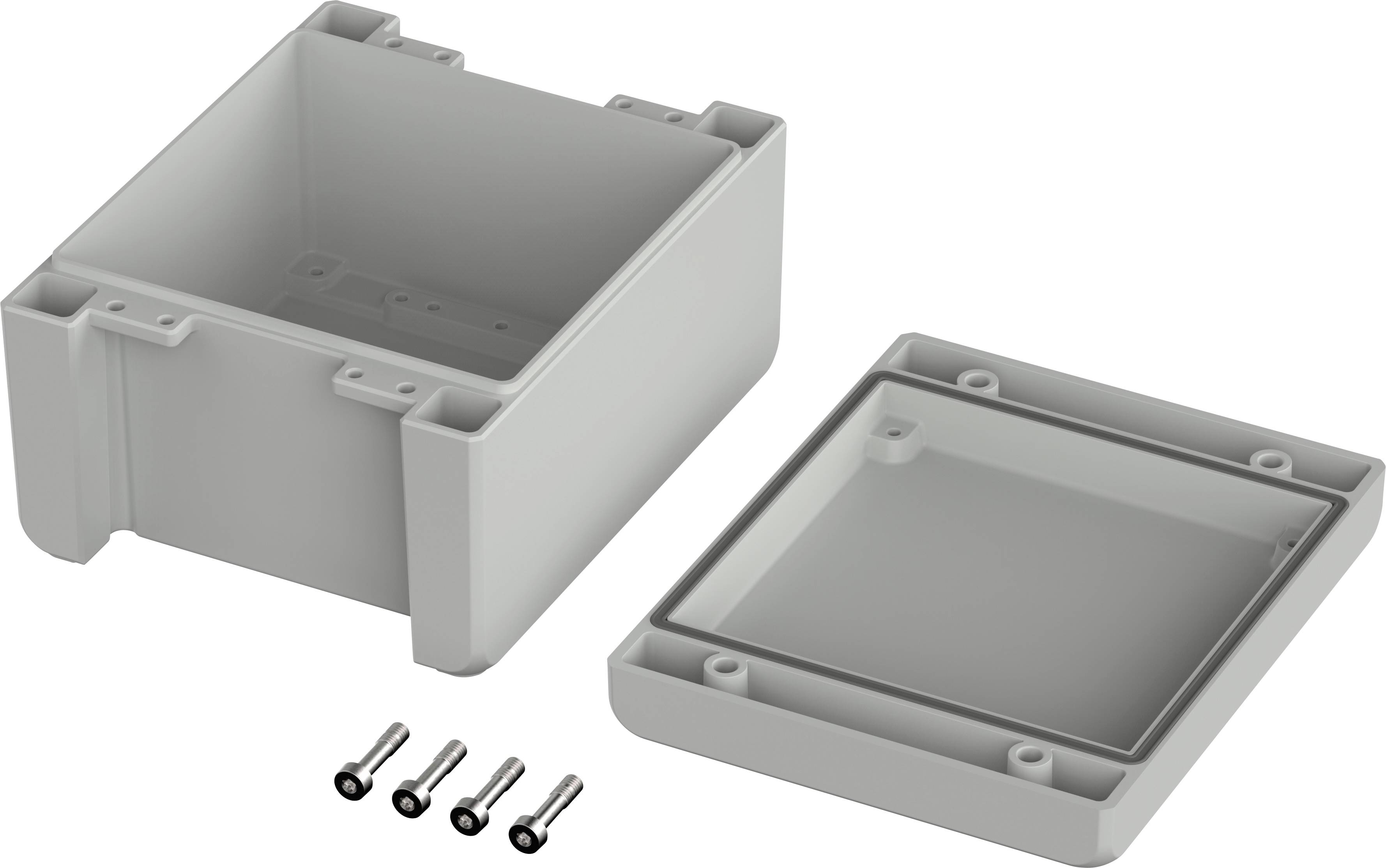 Rechteckiges graues Gehäuse mit abnehmbarem Deckel und vier schwarzen Schrauben, geeignet zur Elektronikunterbringung.
