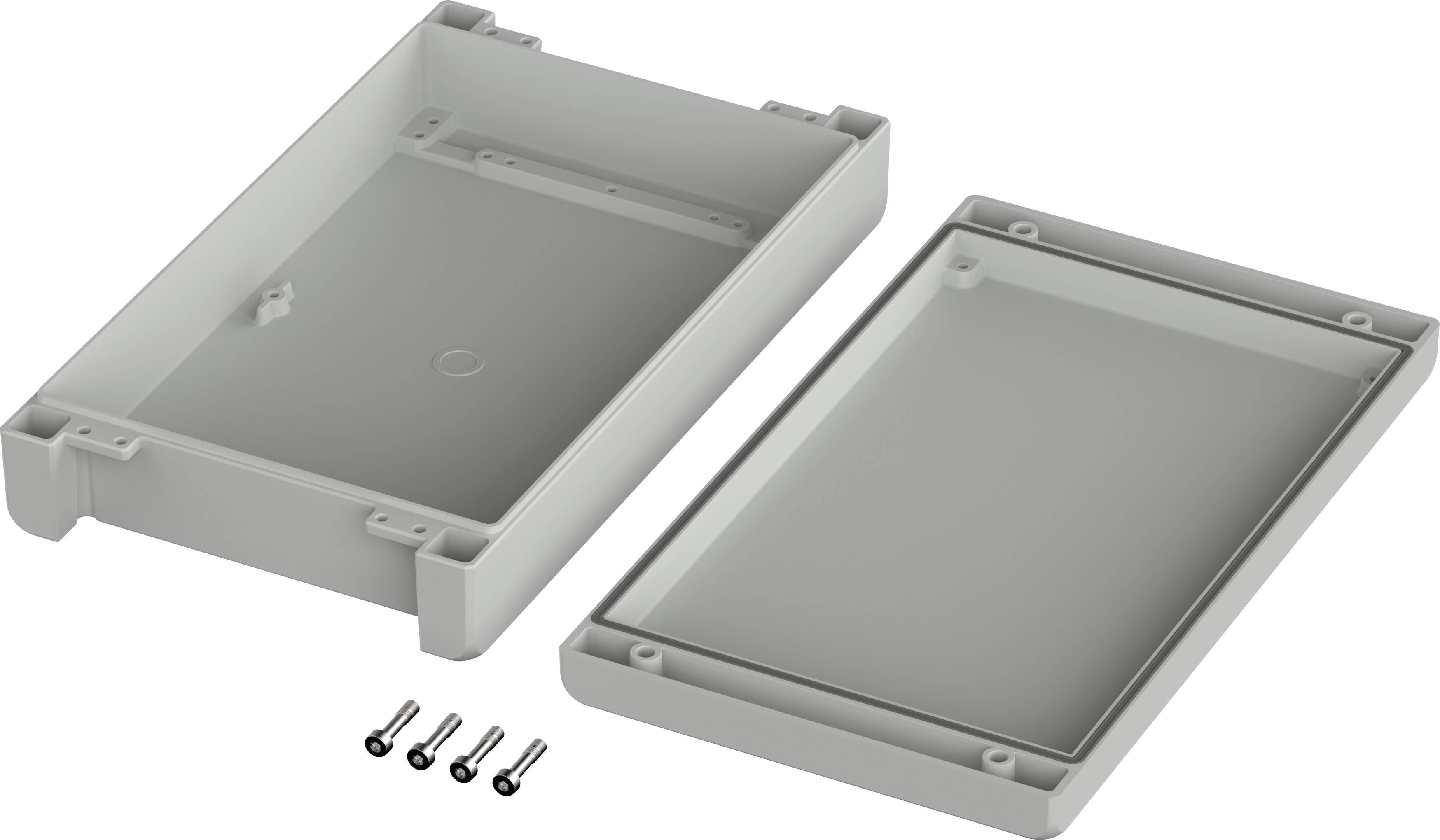 Gehäuse in zwei Teilen, links der Boden mit Schraubenlöchern, rechts der Deckel. Vier Metallschrauben unten, weißer Kunststoff.
