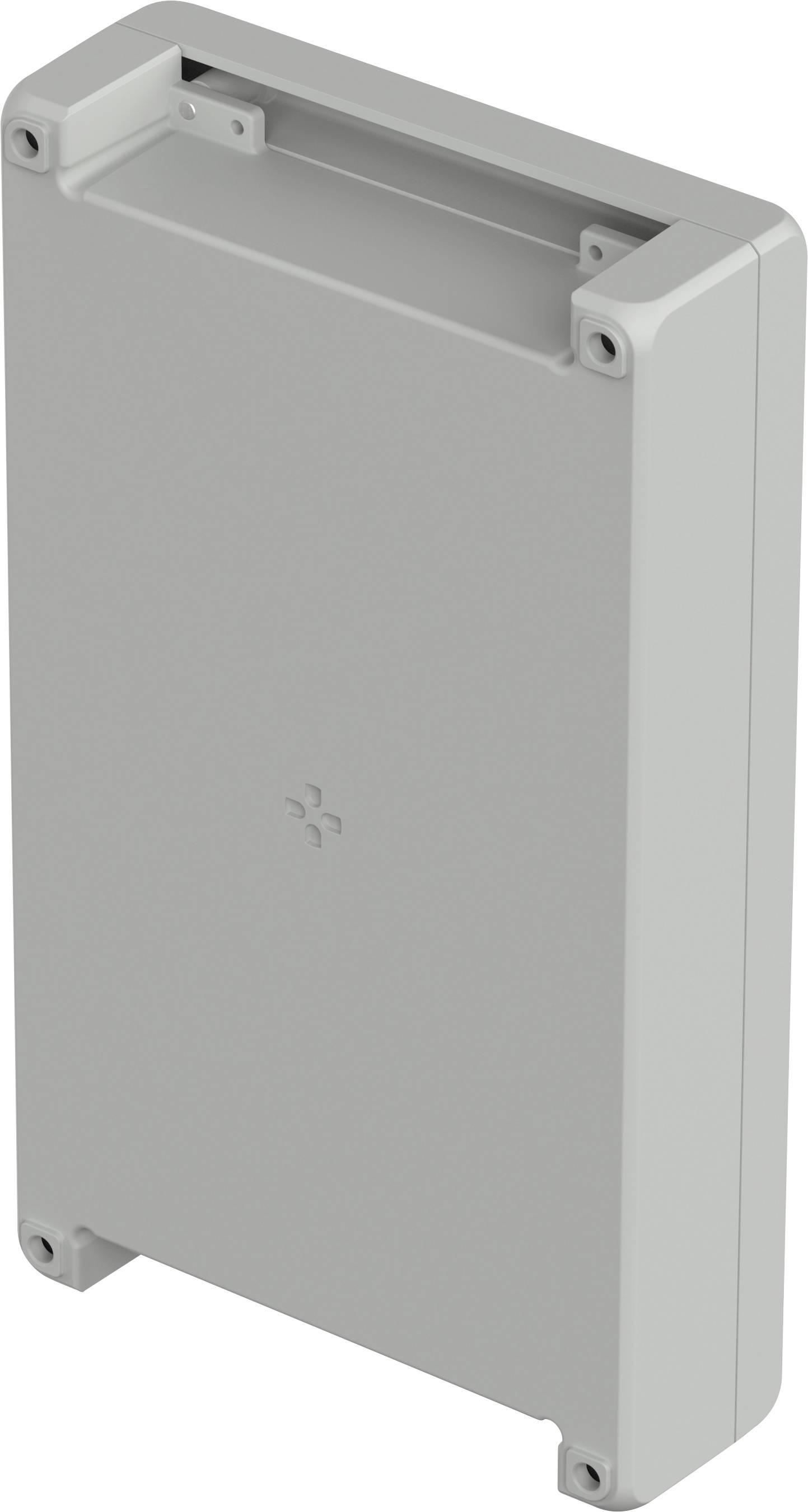 Graues, rechteckiges Kunststoffgehäuse mit abgerundeten Ecken und vier Befestigungslöchern an den Ecken.