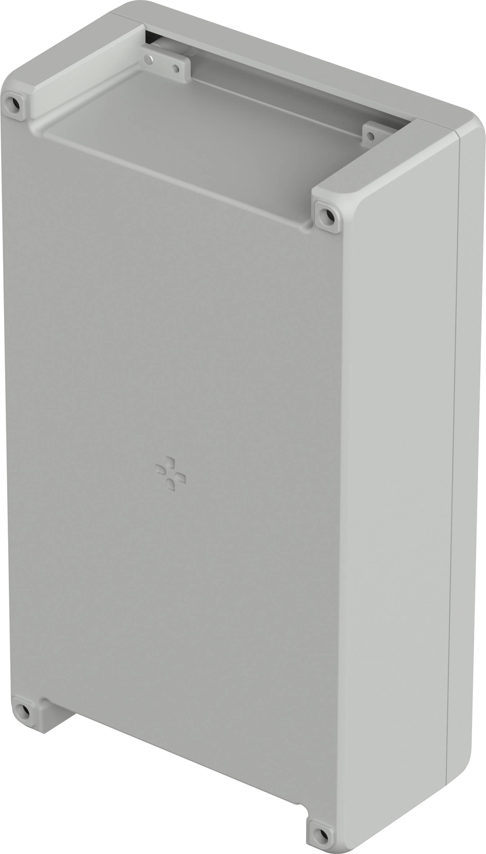 Ein rechteckiges, graues Gehäuse mit Schrauben in den Ecken, geeignet für elektronische Bauteile oder Geräteinstallation.