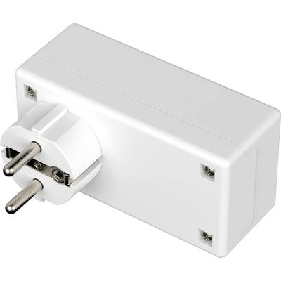Ein weißer, rechteckiger Adapterstecker mit zwei Metallstiften.