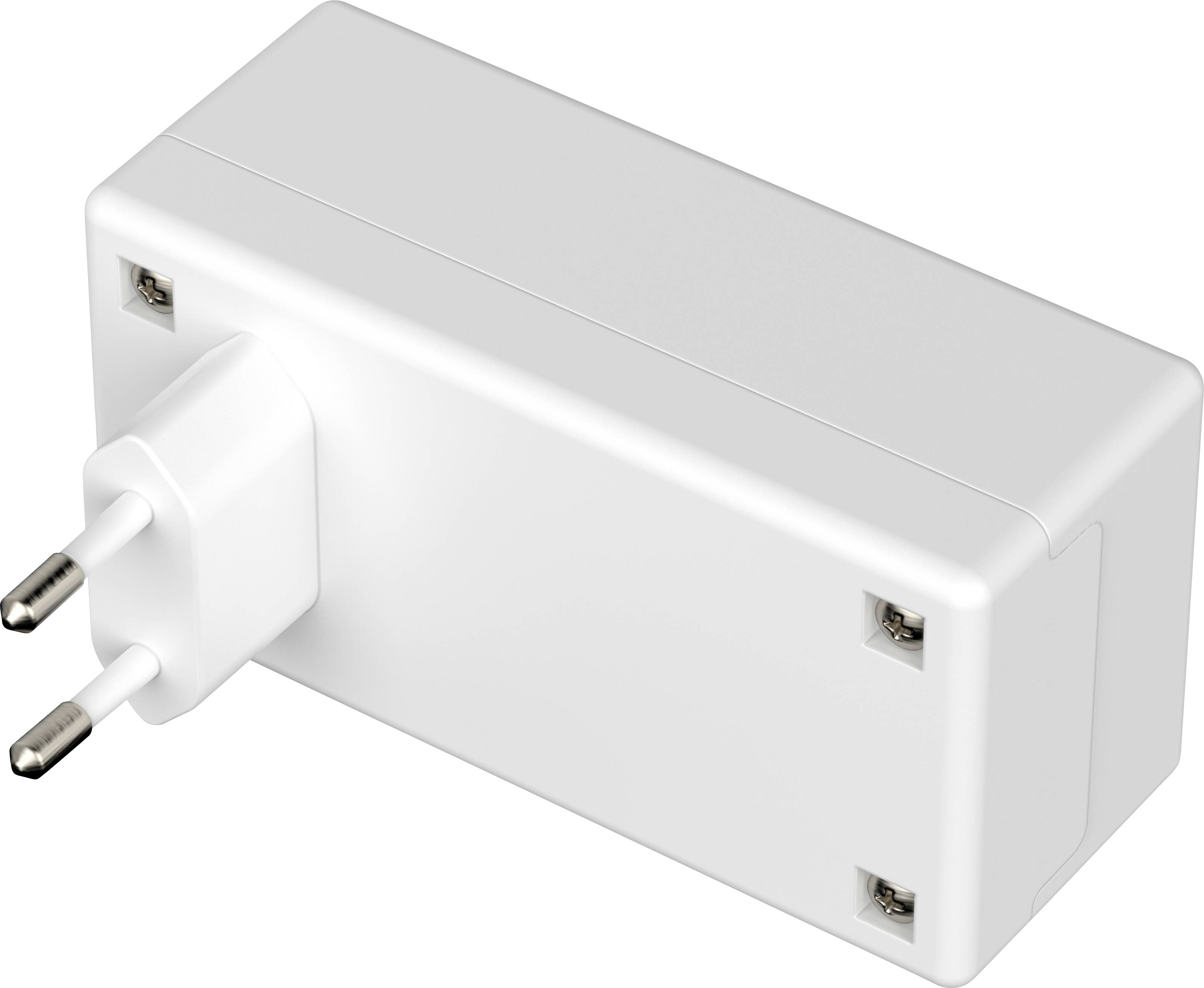 Ein weißes Steckernetzteil mit zwei europäischen Stiften. Das Gerät hat eine rechteckige Form und scheint für elektronische Geräte geeignet.