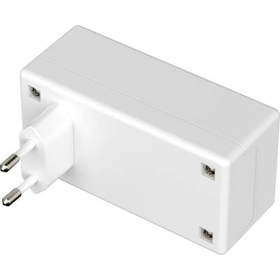 Ein weißes Steckernetzteil mit zwei europäischen Stiften. Das Gerät hat eine rechteckige Form und scheint für elektronische Geräte geeignet.