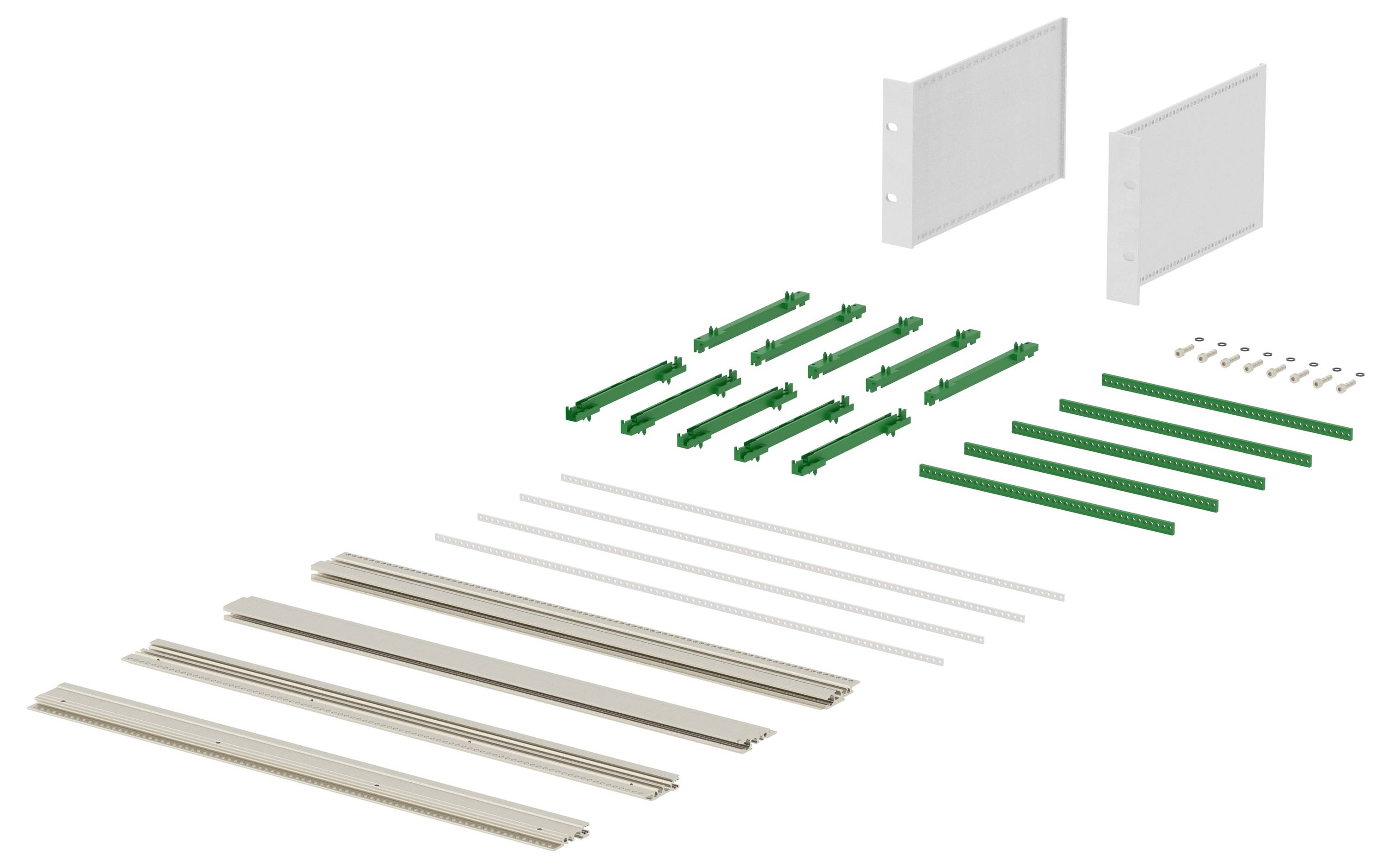 Möbel-Flachpack-Bauteile: beige und grüne Holzplatten, Schrauben, Halterungen und Verbindungselemente systematisch angeordnet.