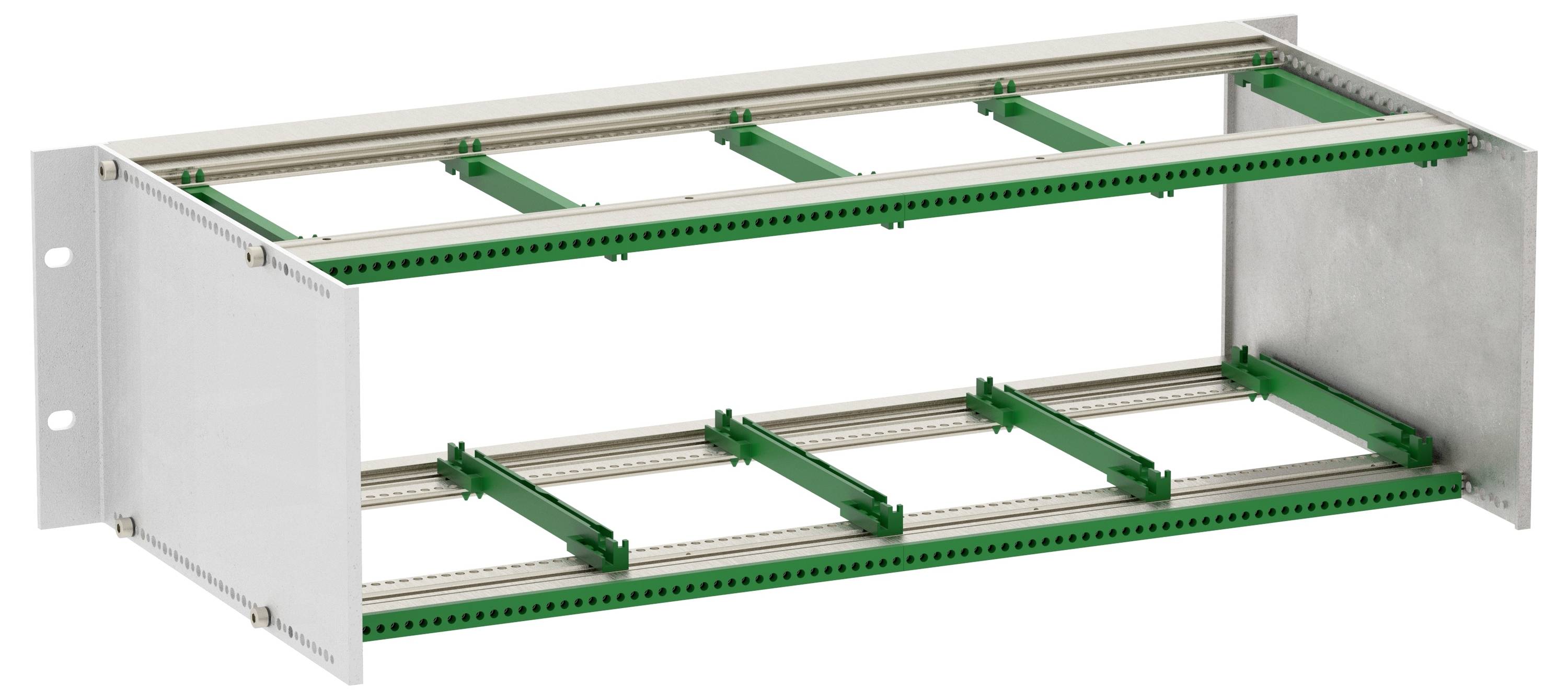 Ein metallisches Gestell mit mehreren grünen Montageschienen, das zum Halten von elektronischen Leiterplatten oder Modulen konzipiert ist.
