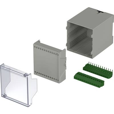 Gehäusebausatz für Elektronik: graues Hauptgehäuse, transparente Abdeckung, zwei grüne Steckmodule.
