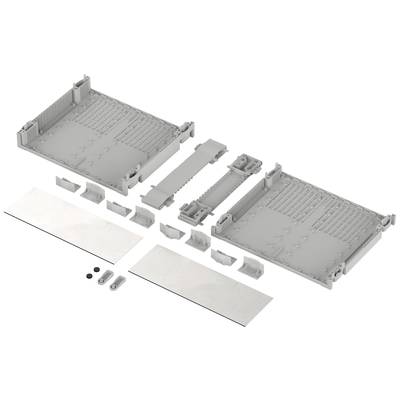 Abbildung eines geöffneten Gehäusebausatzes mit mehreren Komponenten, darunter zwei große Platten, Verbinder und kleinere Teile.
