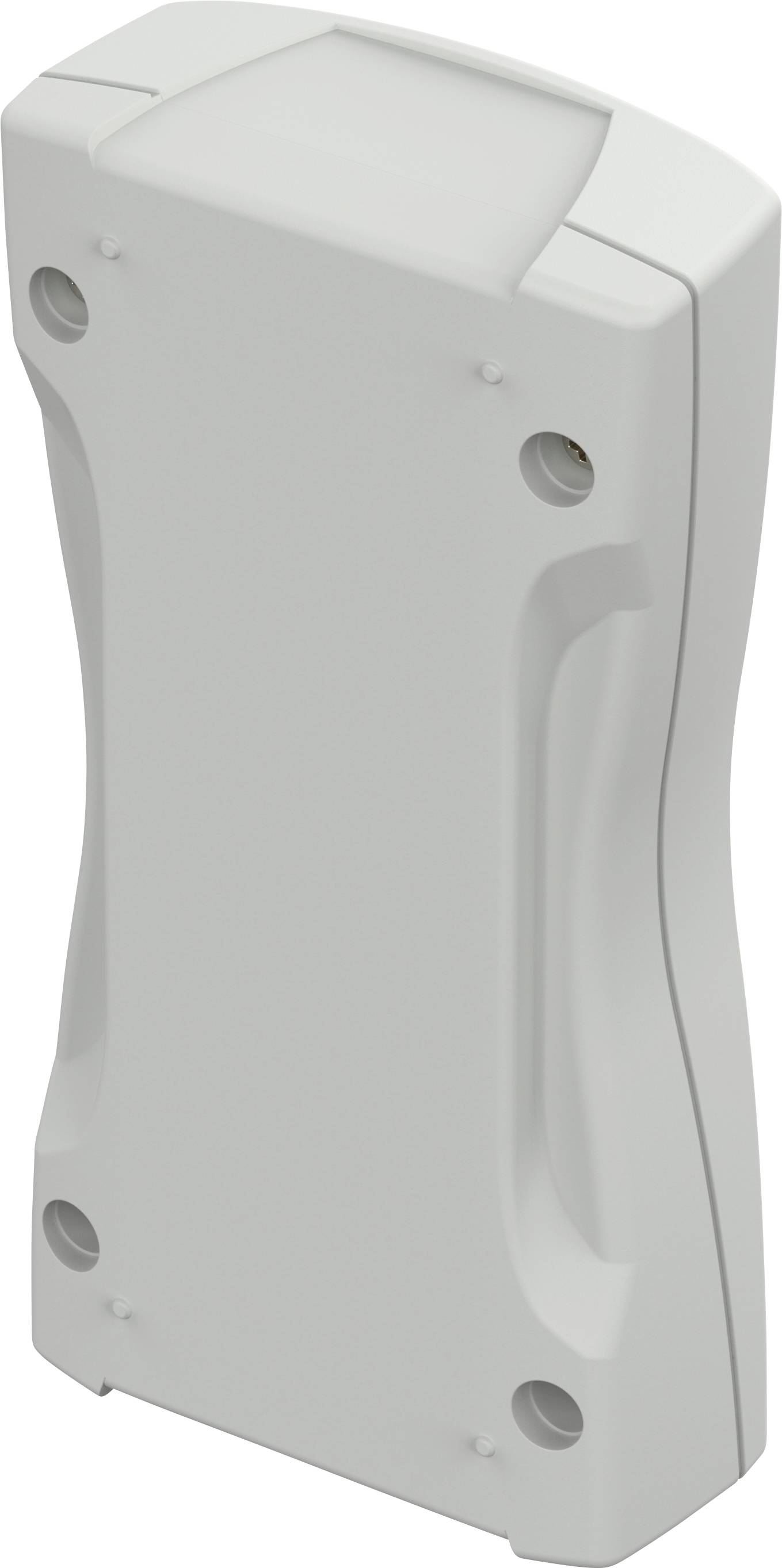 Ein weißes rechteckiges Gehäuse mit abgerundeten Ecken und vier Schraubenlöchern, geeignet für den Einbau elektronischer Komponenten.