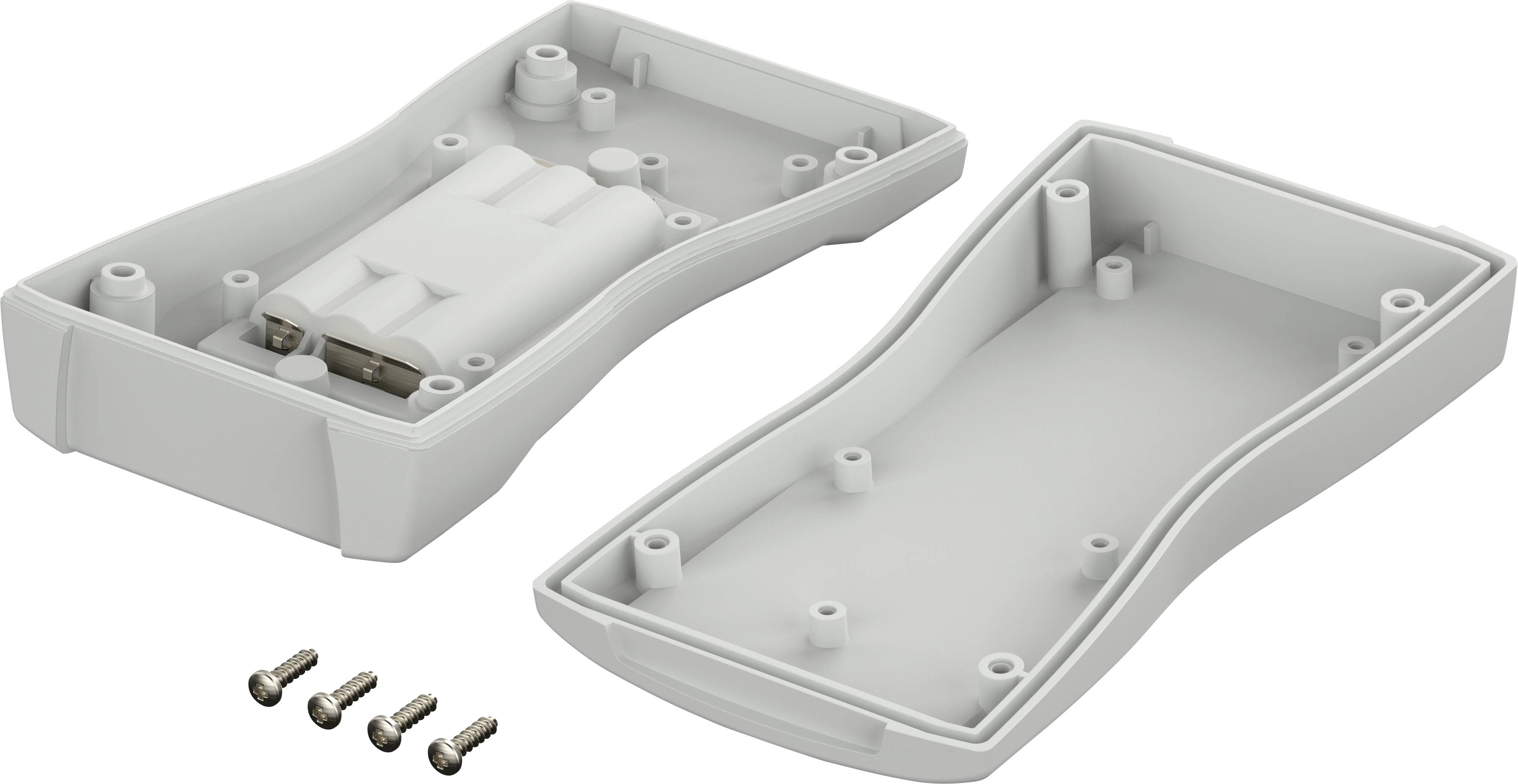 Zweiteiliges graues Kunststoffgehäuse mit abschraubbarem Deckel; daneben vier silberne Schrauben.