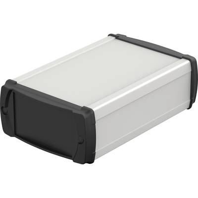 Ein rechteckiges, weißes Gehäuse mit schwarzen Ecken und einer schwarzen Frontabdeckung, geeignet für elektronische Geräte.
