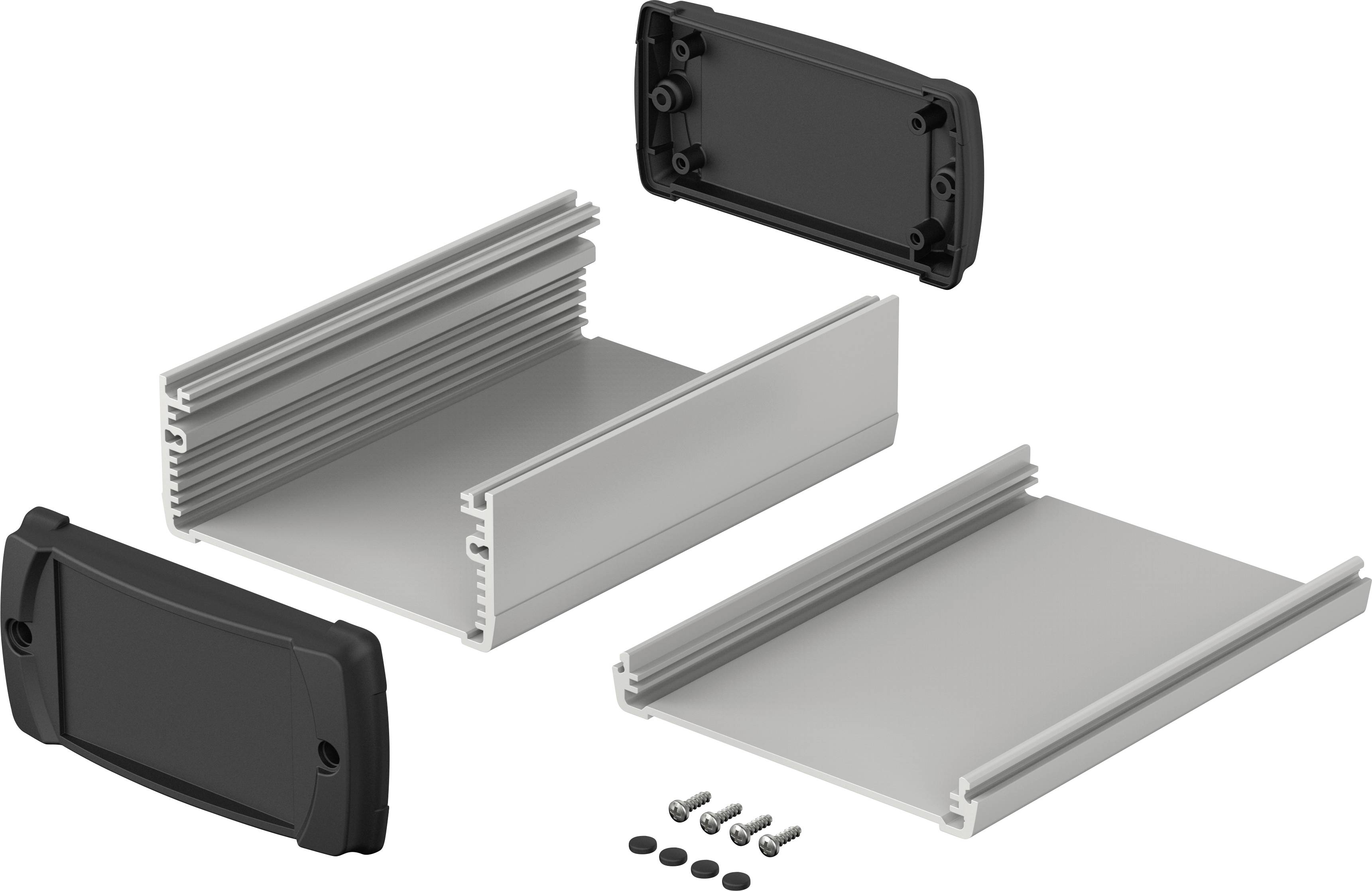 Gehäuse-Bausatz mit Aluminiumprofilen, Endkappen und Schrauben, ausgelegt für die Montage elektronischer Komponenten.