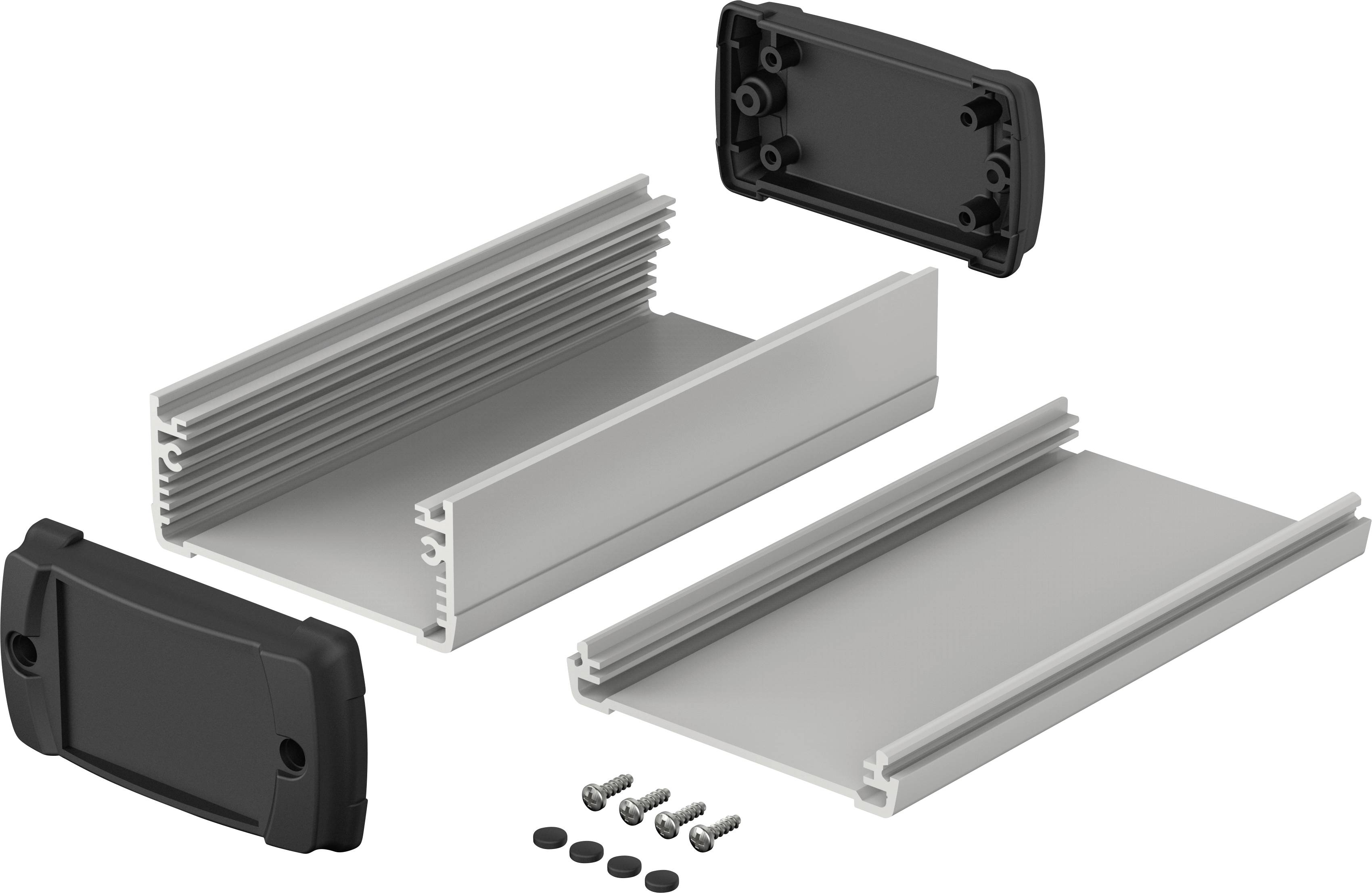 Aluminiumgehäuse-Bausatz in Einzelteilen mit zwei schwarzen Abdeckungen, Schrauben und Dichtungen. Geeignet für Elektronikkomponentenmontage.