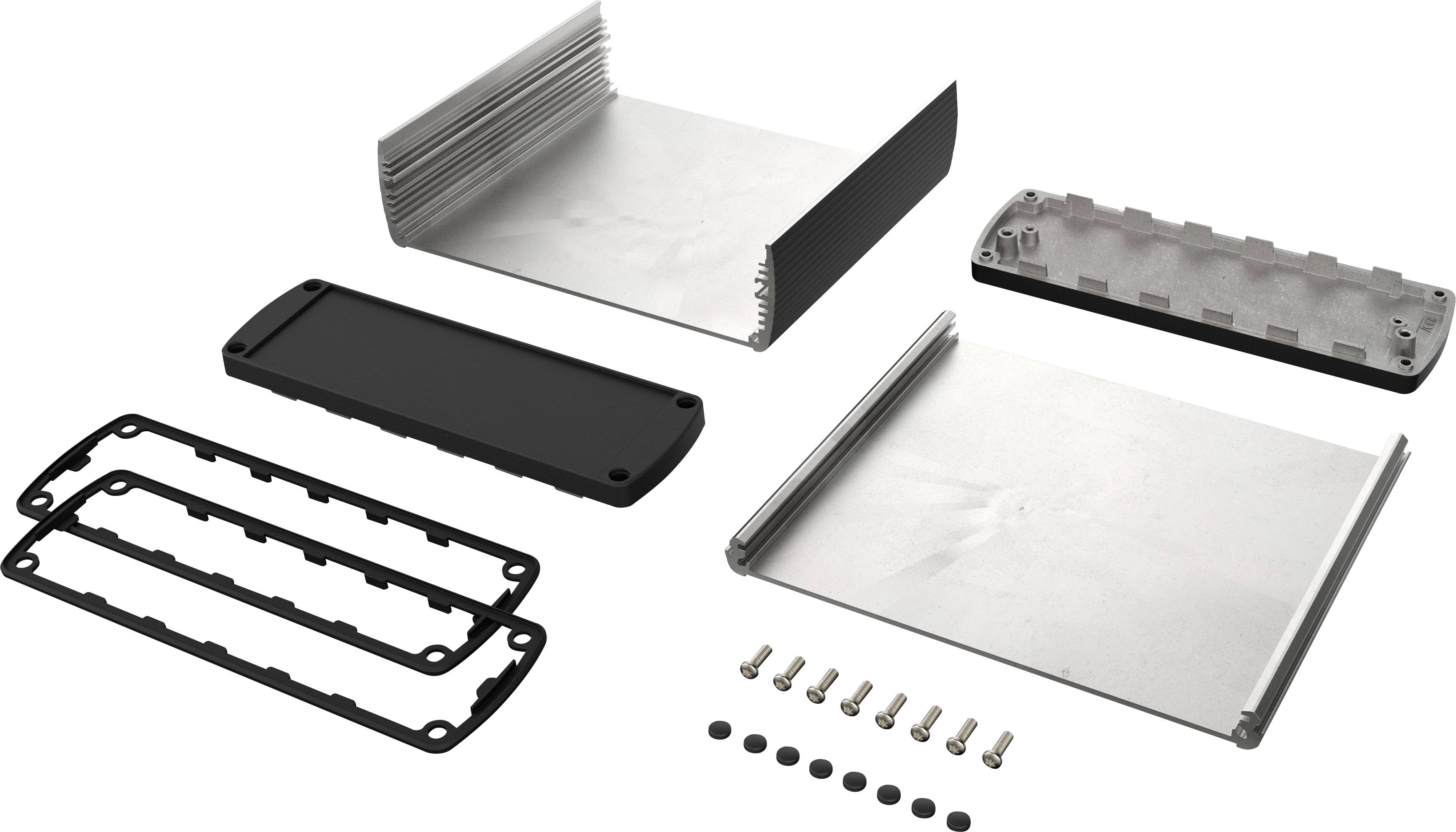 Gehäuse-Kit mit geöffneten Metallteilen, zwei schwarzen Dichtungen, Schrauben und Gummifüßen, zur elektrischen Modulmontage.
