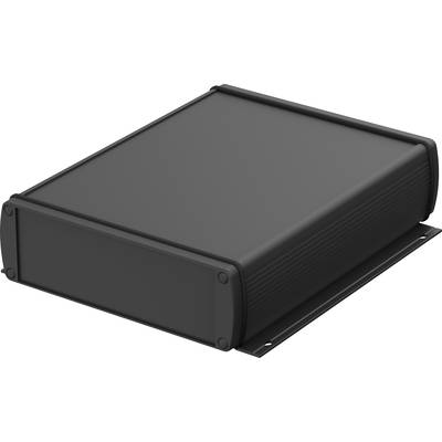 Ein schwarzes, rechteckiges Metallgehäuse mit abgerundeten Ecken, geeignet für den Einbau elektronischer Komponenten.