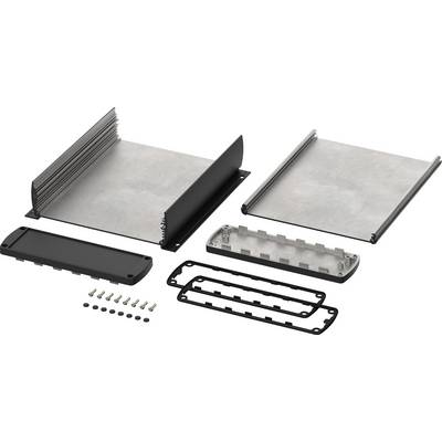 Einzelteile eines Gehäusebausatzes aus Metall mit Seitenteilen, Bodenplatte, Schrauben und Dichtungen, in auseinandergebautem Zustand.