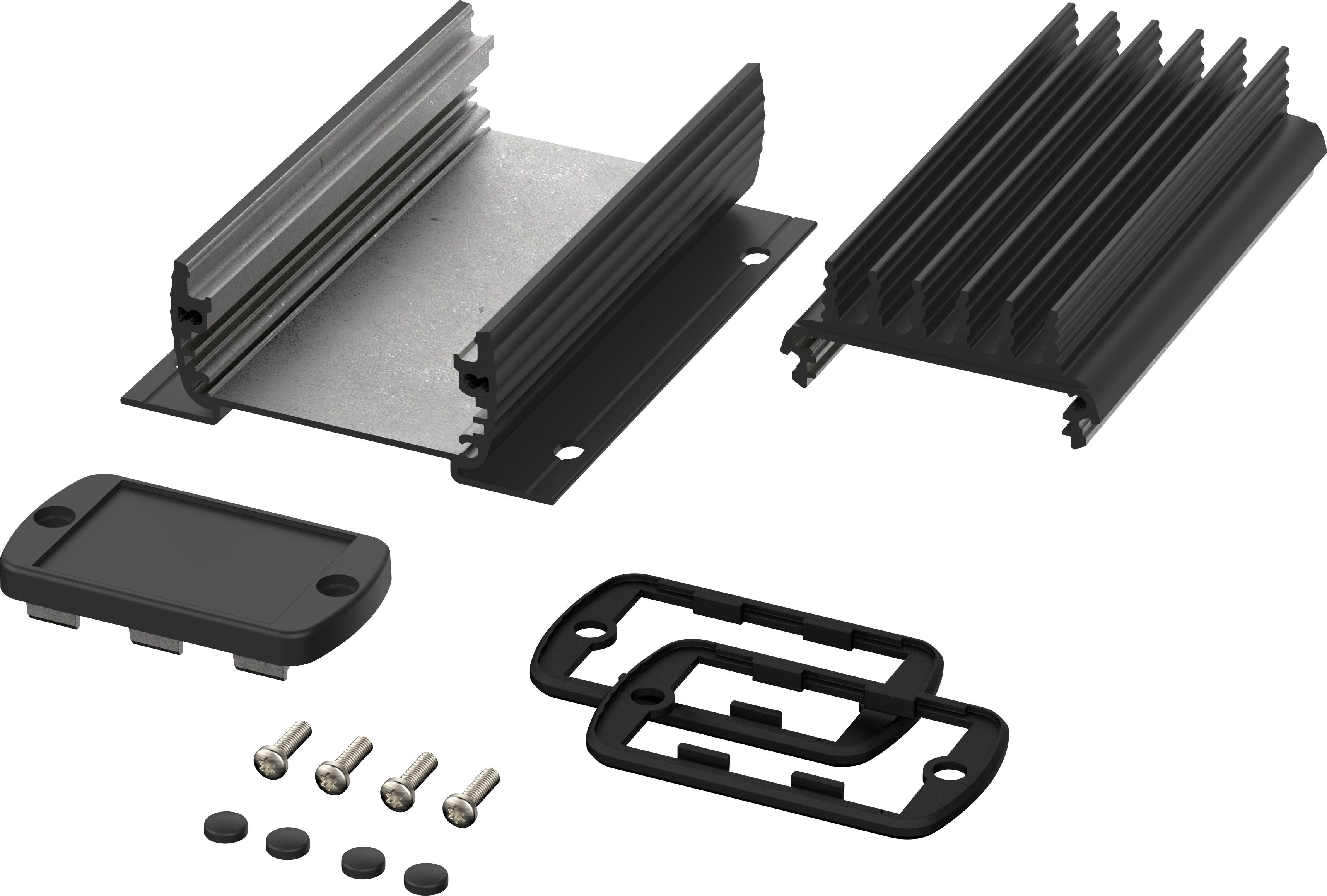 Mehrere schwarze Aluminium-Kühlkörperteile und Zubehör, die darauf warten, montiert zu werden. Schrauben und Gummipads sind ebenfalls enthalten.