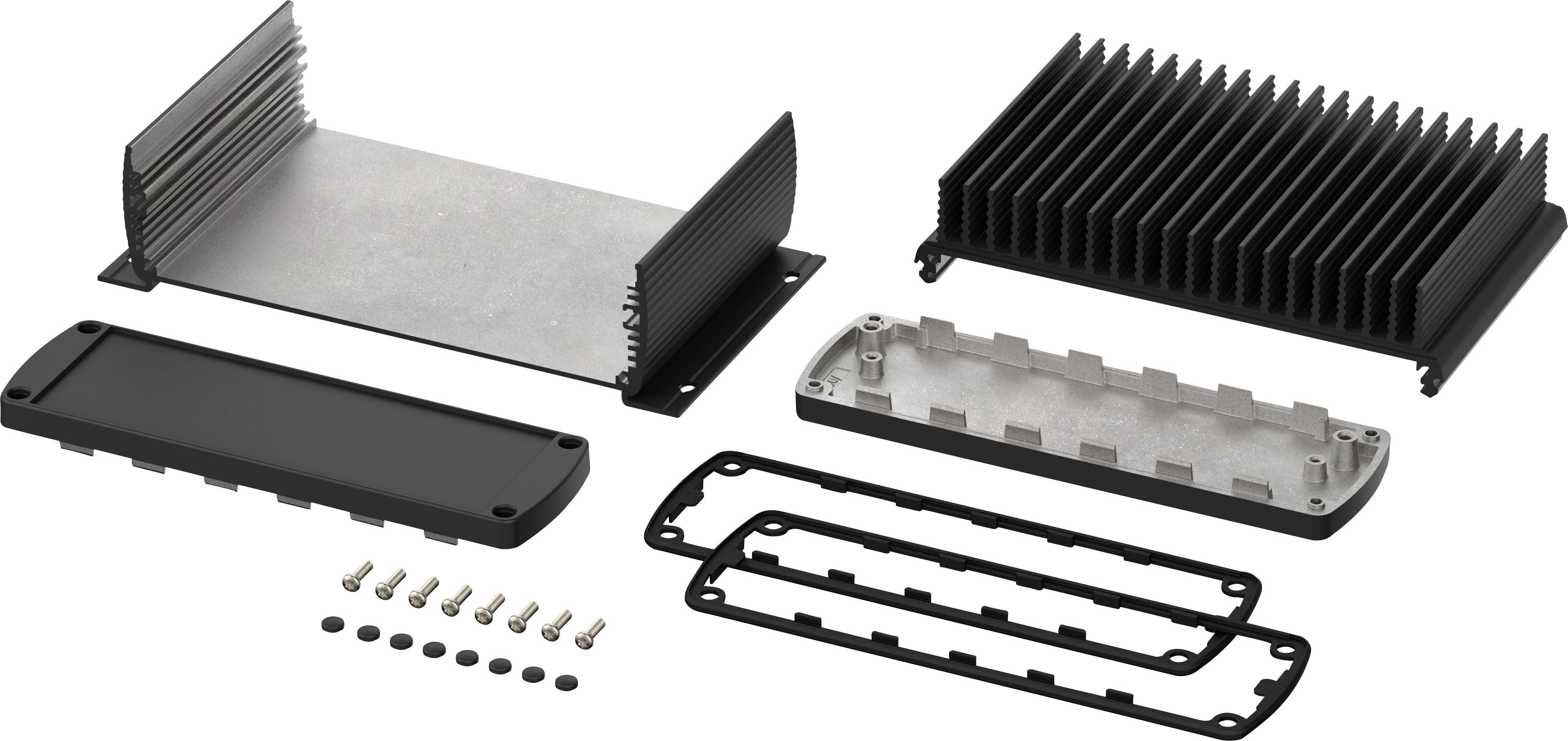 'Explosionszeichnung eines elektronischen Gehäuses mit Kühlkörper, Schrauben und Dichtungen. Zeigt alle Teile und deren Anordnung.'