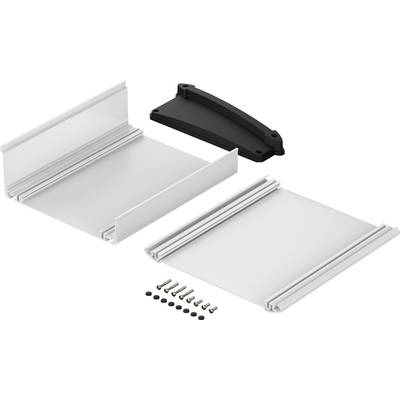 Bauteilsatz bestehend aus zwei weißen Platten mit Führungsrillen, einer schwarzen dreieckigen Halterung und Schrauben mit Unterlegscheiben.