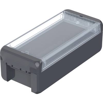 Eine rechteckige, schwarze Kunststoffbox mit transparentem Deckel.