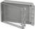 Graues, rechteckiges Gehäuse mit durchsichtiger, aufgeklappter Frontabdeckung. Verwendet für Schutz von elektrischen Komponenten.