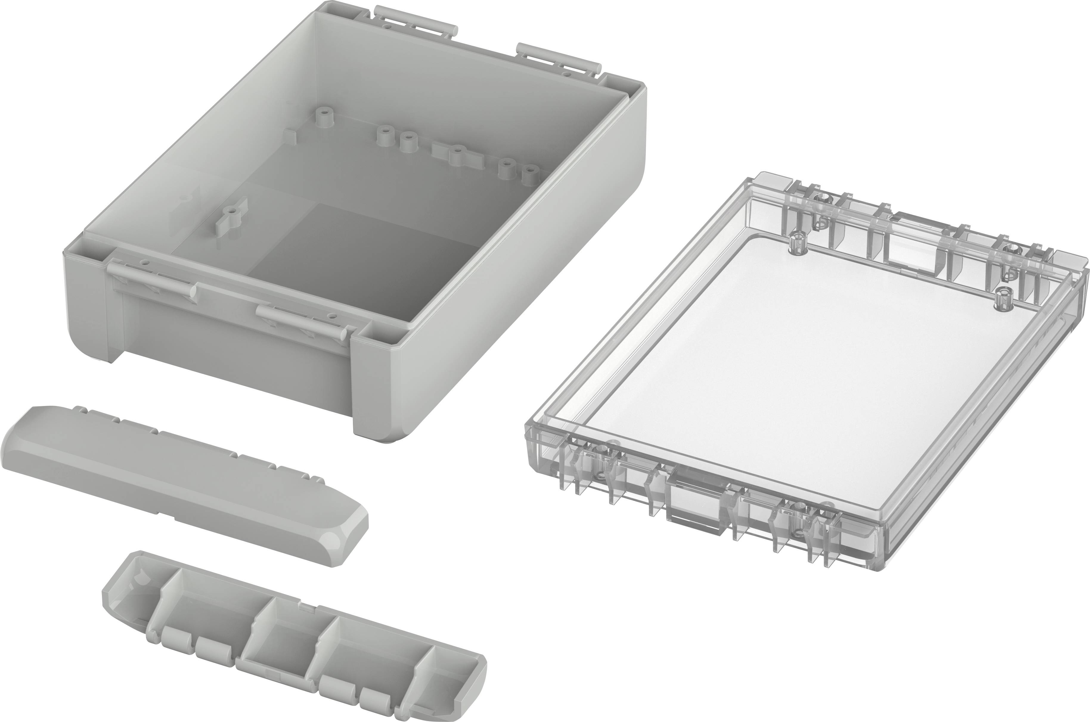 Elektronik-Gehäuse in vier Einzelteilen: Basis, transparente Abdeckung, Seitenlade, kleiner Einschub.