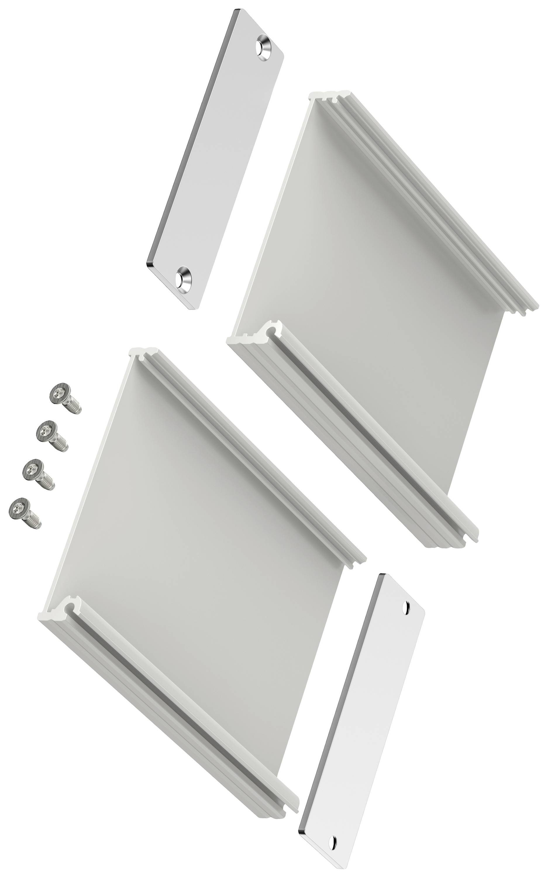 Zwei rechtwinklige Aluminiumprofile, zwei Endplatten und vier Schrauben; Teile für den Zusammenbau eines Gehäuses oder Rahmens.