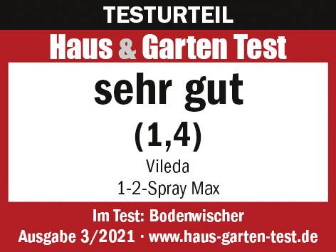 'Testurteil: sehr gut (1,4). Vileda 1-2-Spray Max. Im Test: Bodenwischer. Ausgabe 3/2021. www.haus-garten-test.de.'
