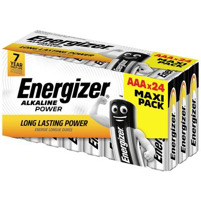 Verpackung von Energizer AAA-Batterien, 24er Maxi Pack. 'Long Lasting Power' und 7 Jahre Haltbarkeit angegeben.
