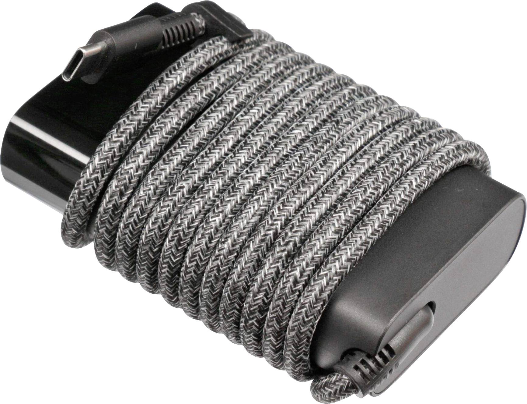 Ein schwarzes Ladegerät mit einem textilummantelten Kabel, ordentlich um das Gerät gewickelt.