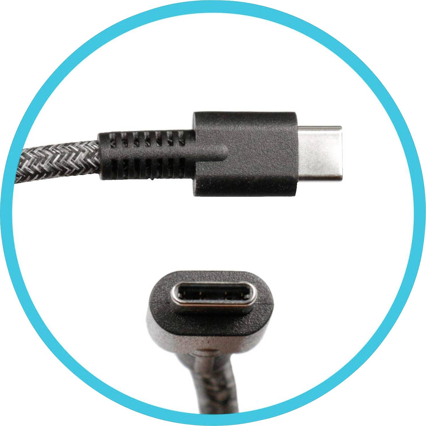 Ein USB-C-Kabel mit Nylonummantelung wird gezeigt. Oben ist der Stecker, unten die Anschlussansicht dargestellt.