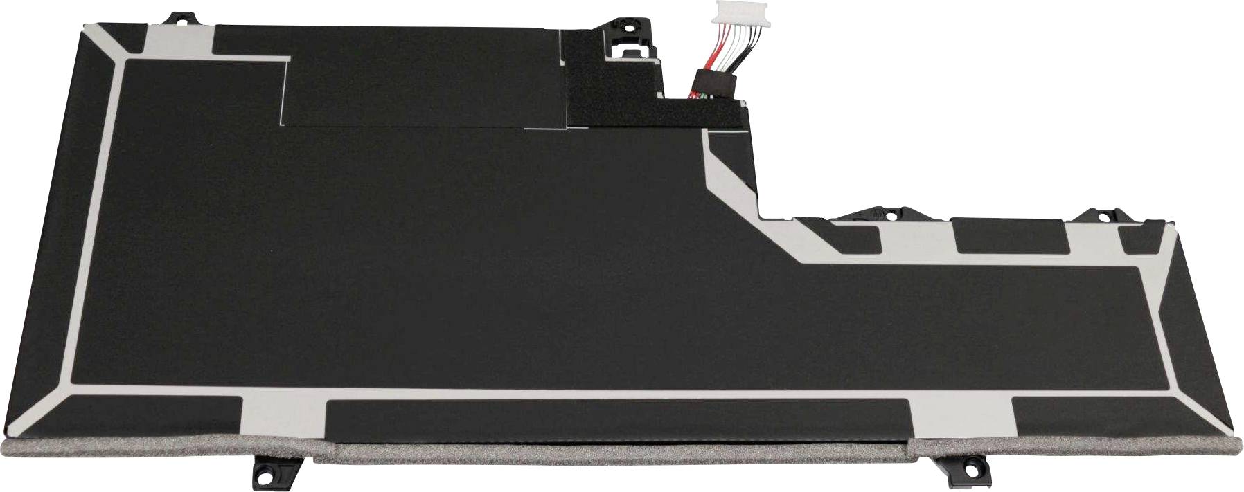 Ein schwarzer Batterieblock mit weißen Linien und einem Kabelanschluss oben rechts. Hauptbestandteil eines elektronischen Geräts.