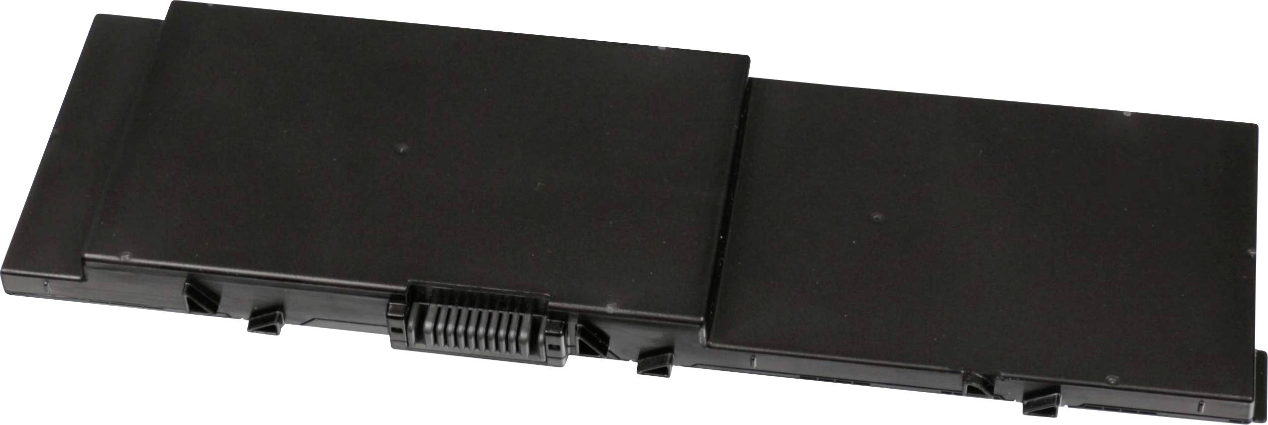 Schwarzer Laptop-Akku mit rechteckiger Form, zentralem Anschluss und glatter Oberfläche, geeignet für tragbare Computergeräte.