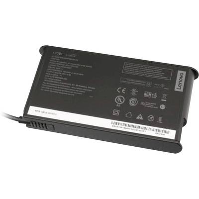 Ein schwarzes Netzteil mit der Aufschrift 'Lenovo', zeigt technische Spezifikationen und Logos von Sicherheitszertifizierungen.