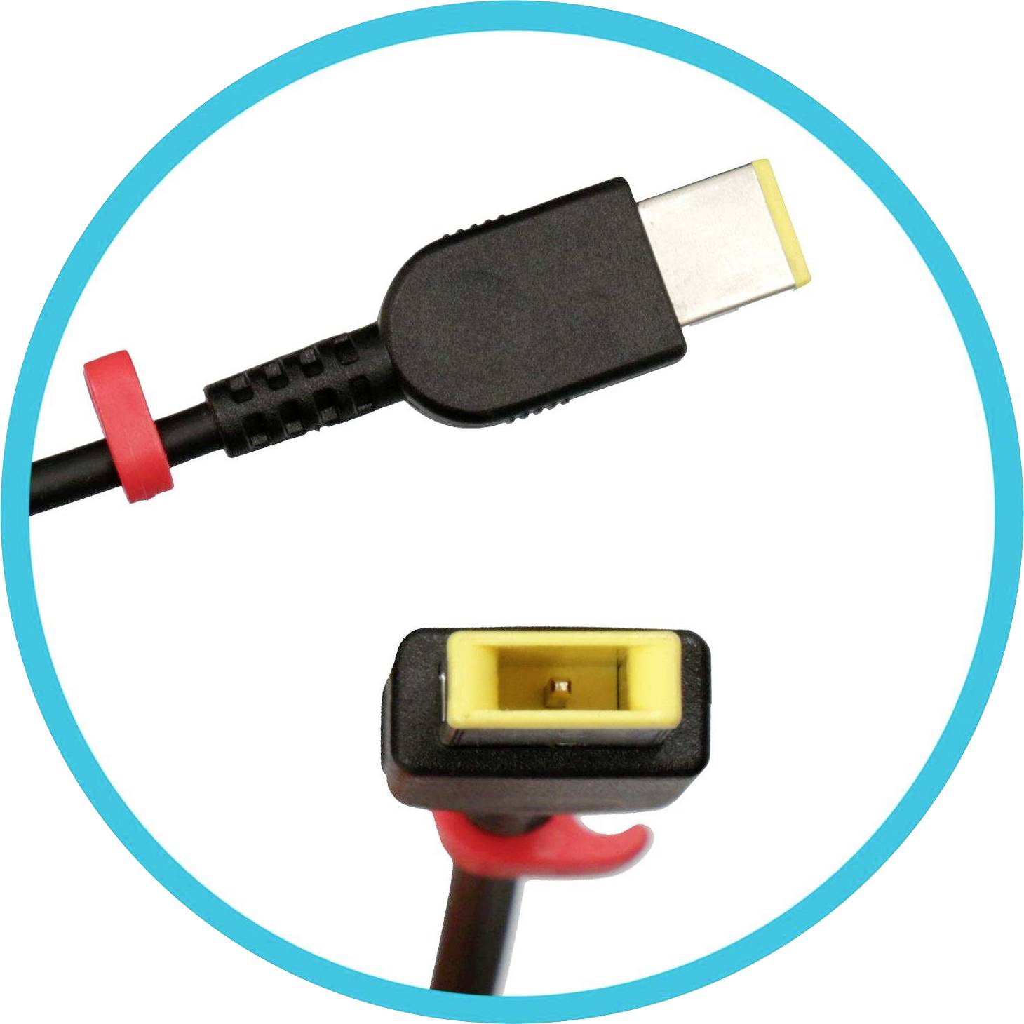 Eine Nahaufnahme von zwei Steckertypen: ein USB-C-Stecker und ein rechteckiger gelber Hohlstecker, verbunden durch ein Kabel.