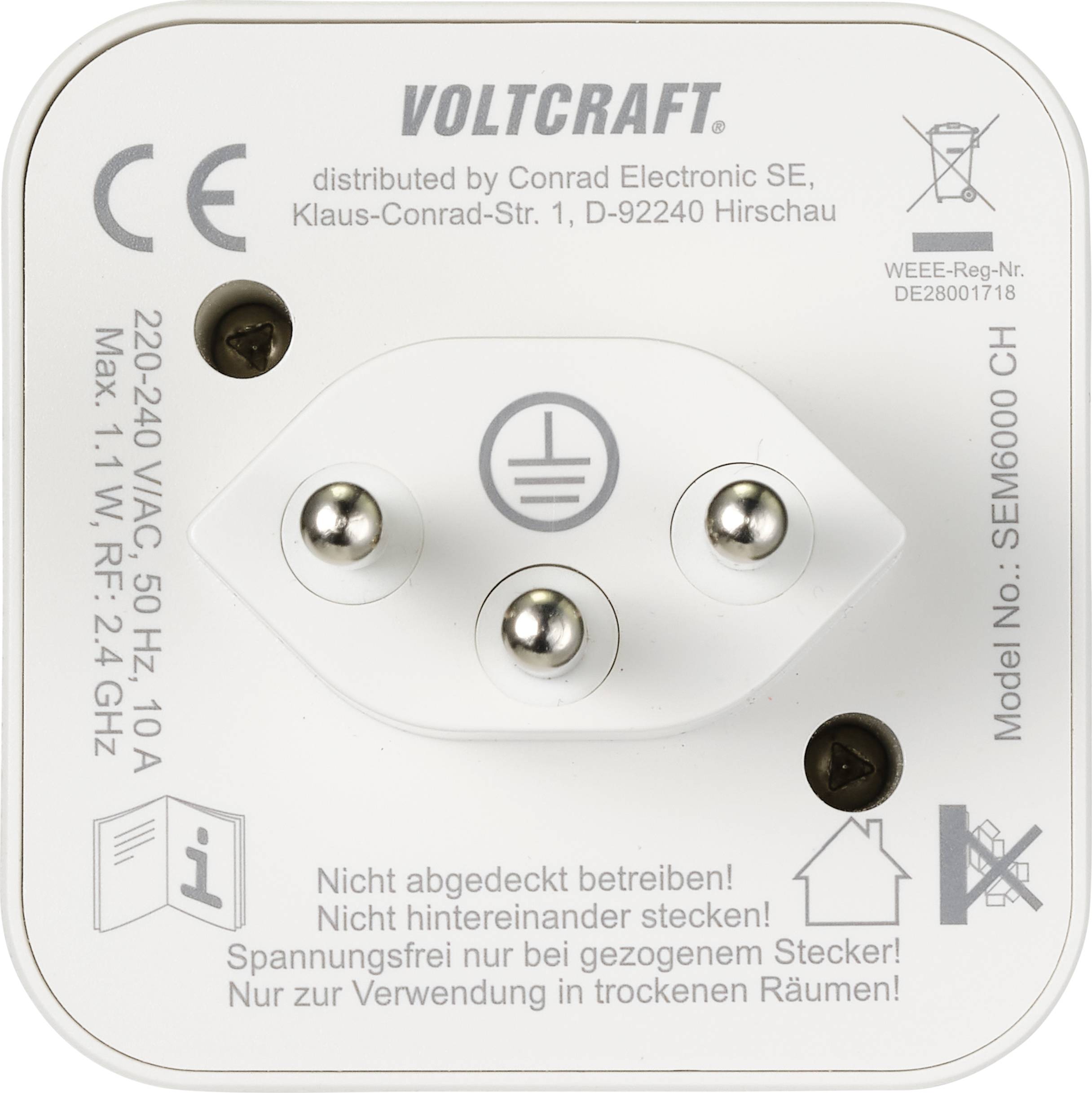 Steckdose-Adapter der Marke Voltcraft. Hinweis: 'Nicht hintereinander stecken!' Betriebstrom: 10 A, Spannung: 220-240 V.