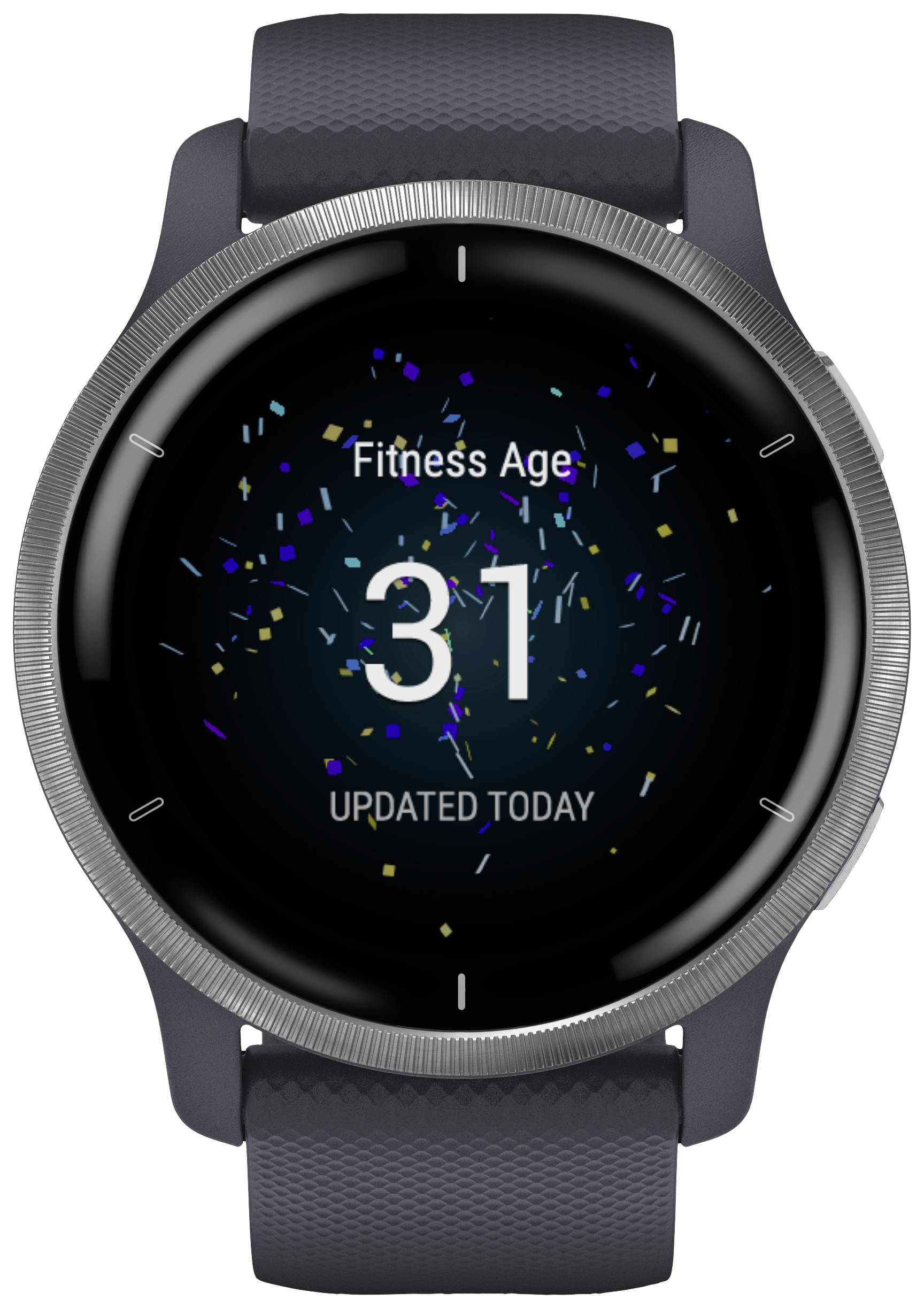 Smartwatch mit schwarzem Armband zeigt 'Fitness Age 31, updated today' auf dem Bildschirm, umgeben von Konfetti-Grafik.