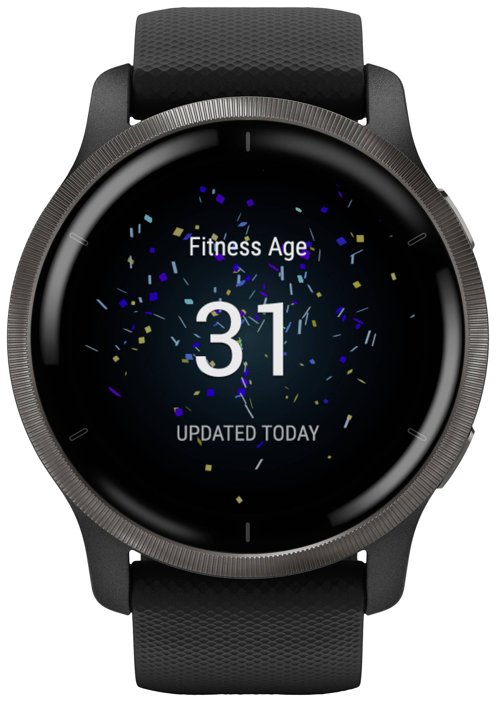 Eine schwarze Smartwatch zeigt 'Fitness Age 31' mit bunten Konfetti auf dem Bildschirm an, aktualisiert heute.