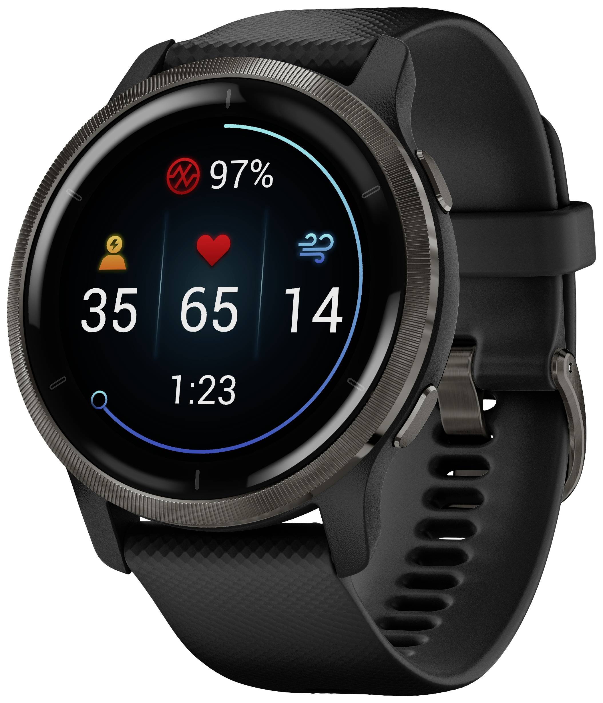 Eine schwarze Smartwatch zeigt den Puls 65, Schritte 35 und Kalorienverbrauch 14 an. Akkuladestand: 97%, Zeit: 1:23.