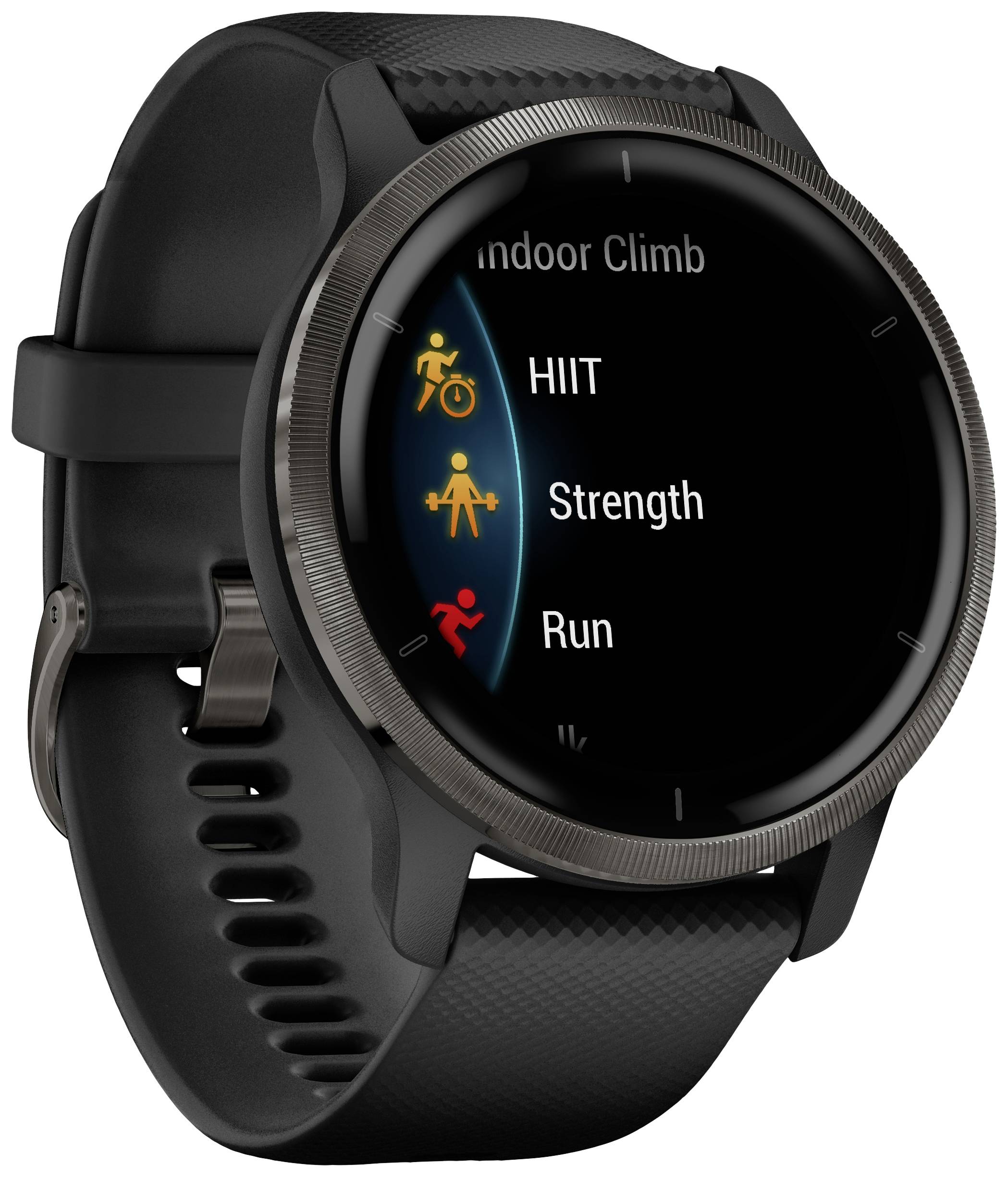 Smartwatch mit schwarzem Armband zeigt auf dem Display Trainingsmodi: 'HIIT', 'Strength', 'Run'. 
