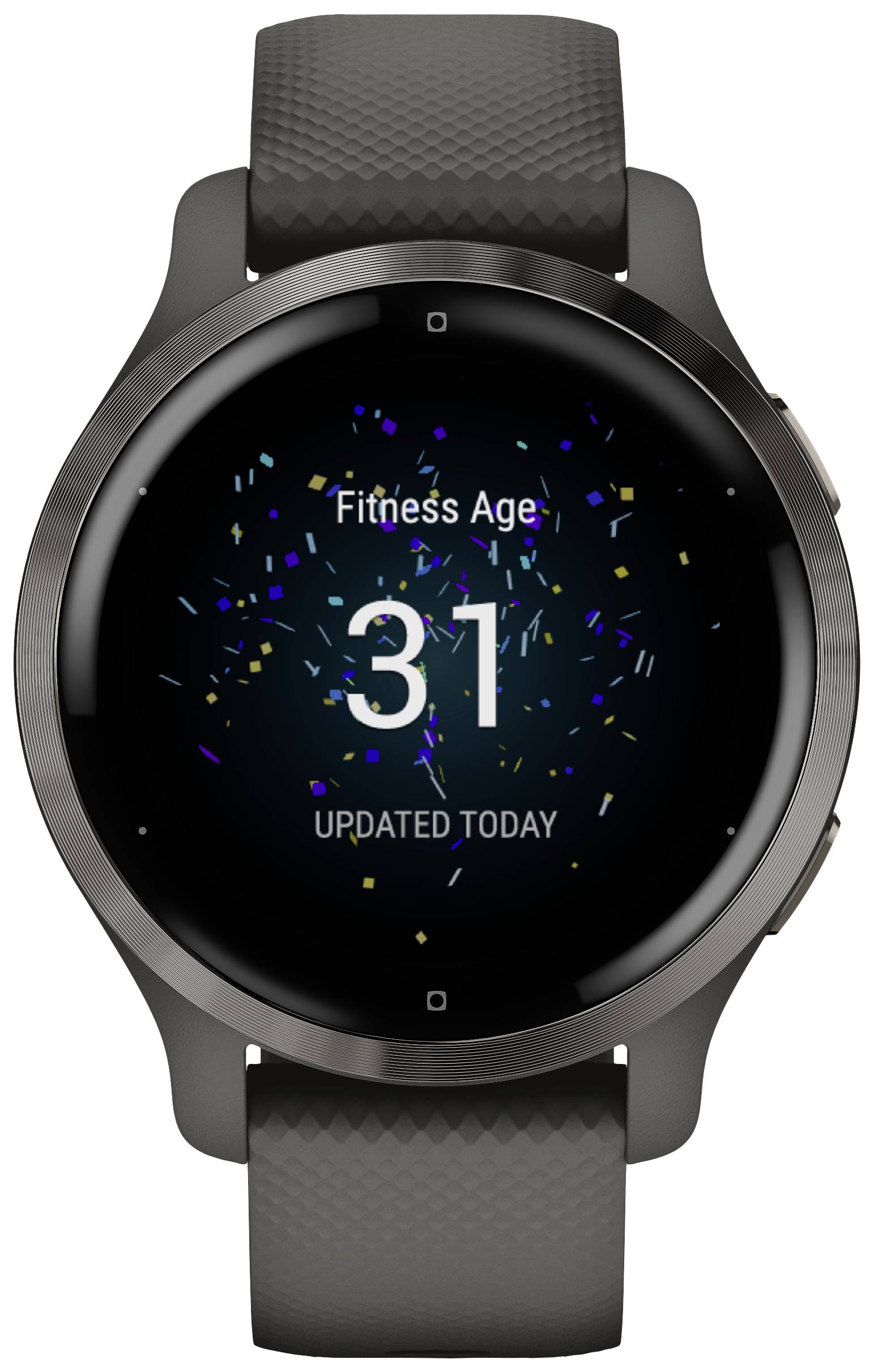 Smartwatch-Zifferblatt zeigt 'Fitness Age 31' mit Konfetti-Effekt und 'Updated Today'; schwarzes Armband und Gehäuse.
