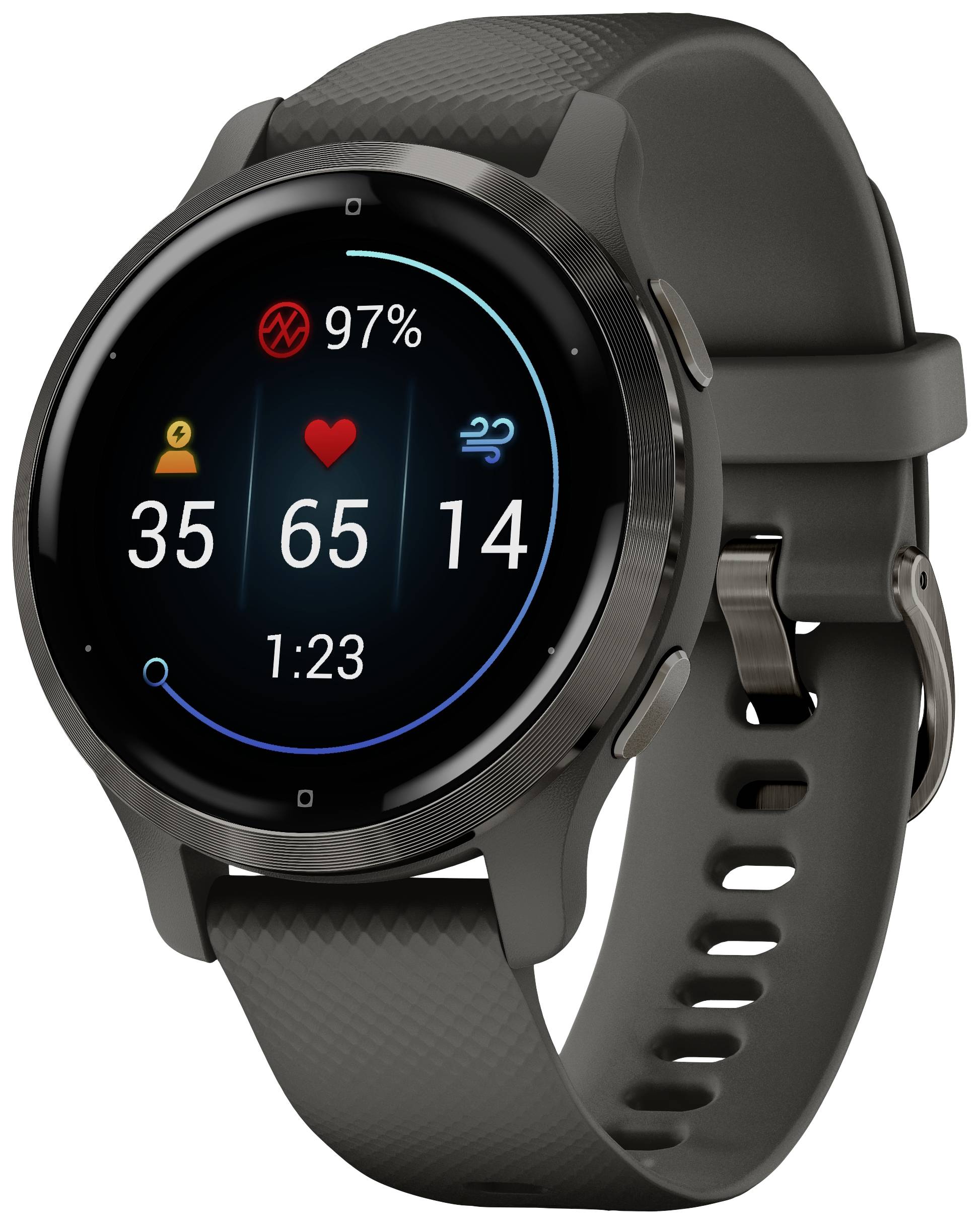 Schwarze Smartwatch mit rundem Display zeigt Herzfrequenz 65, Sauerstoff 97%, Schritte 35 und vergangene Zeit 1:23 Minuten.