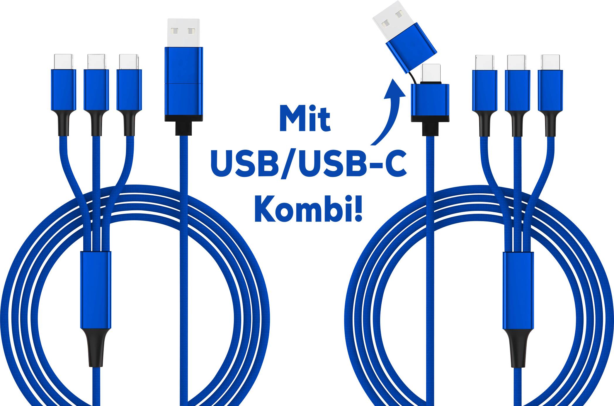 'Blaues Kabel mit USB- und USB-C-Steckern. Text: Mit USB/USB-C Kombi!'