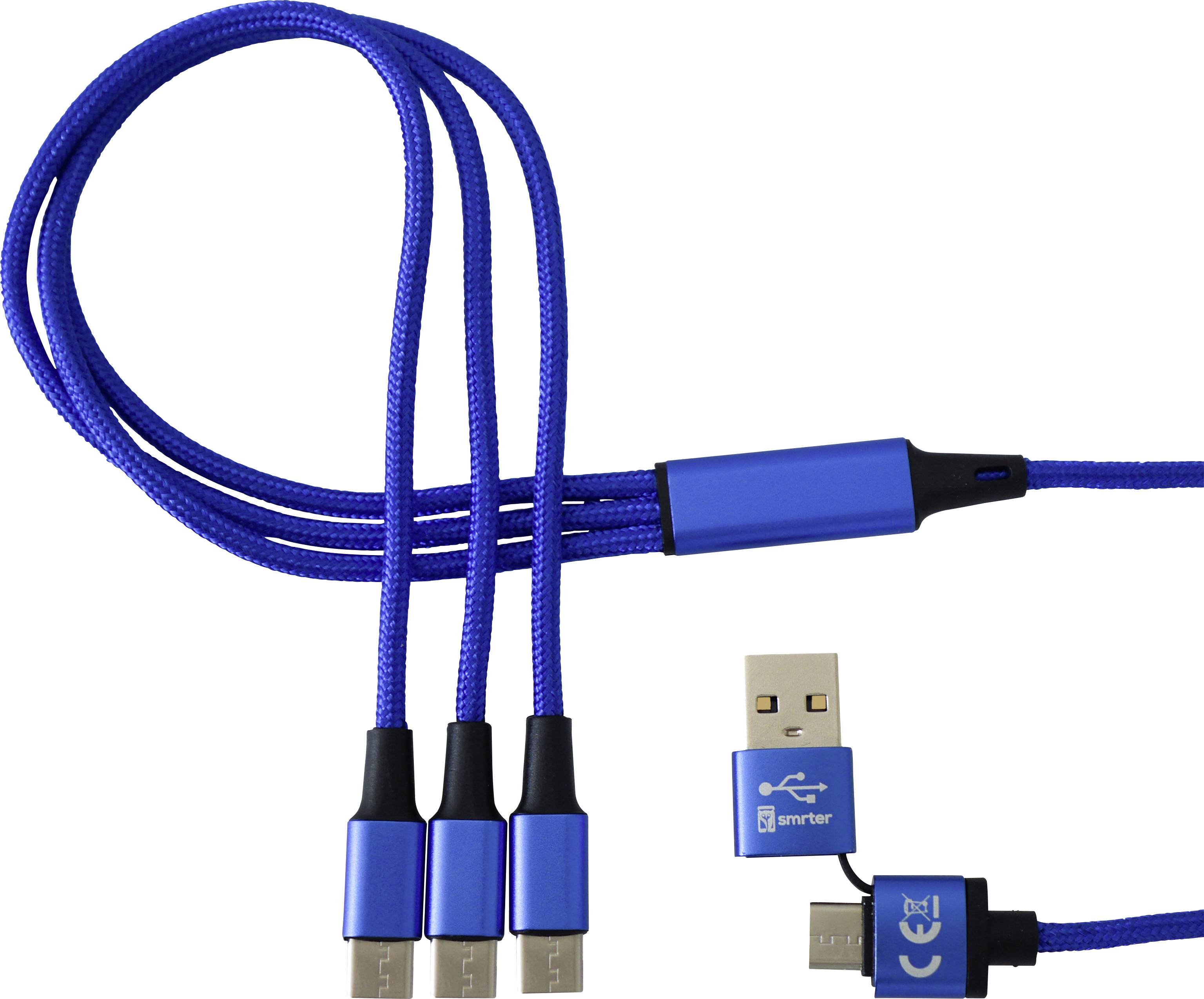 Blaues USB-Datenkabel mit drei Anschlüssen und abnehmbarem Adapter, geeignet für Micro-USB, USB-C und Lightning-Geräte.