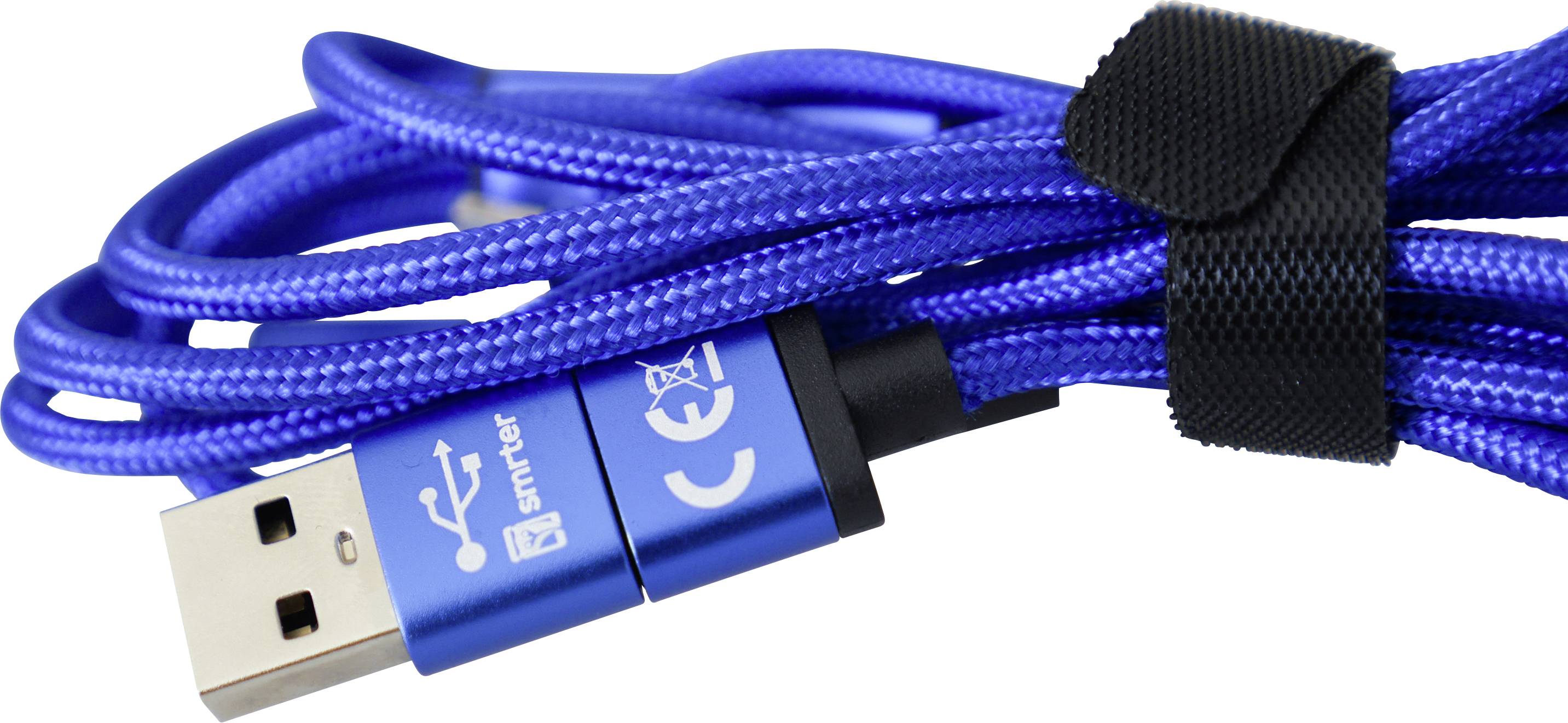 Blaues USB-Kabel mit USB-Anschluss, zusammengewickelt und mit Klettverschluss gesichert, zeigt Logos für Zertifizierungen.