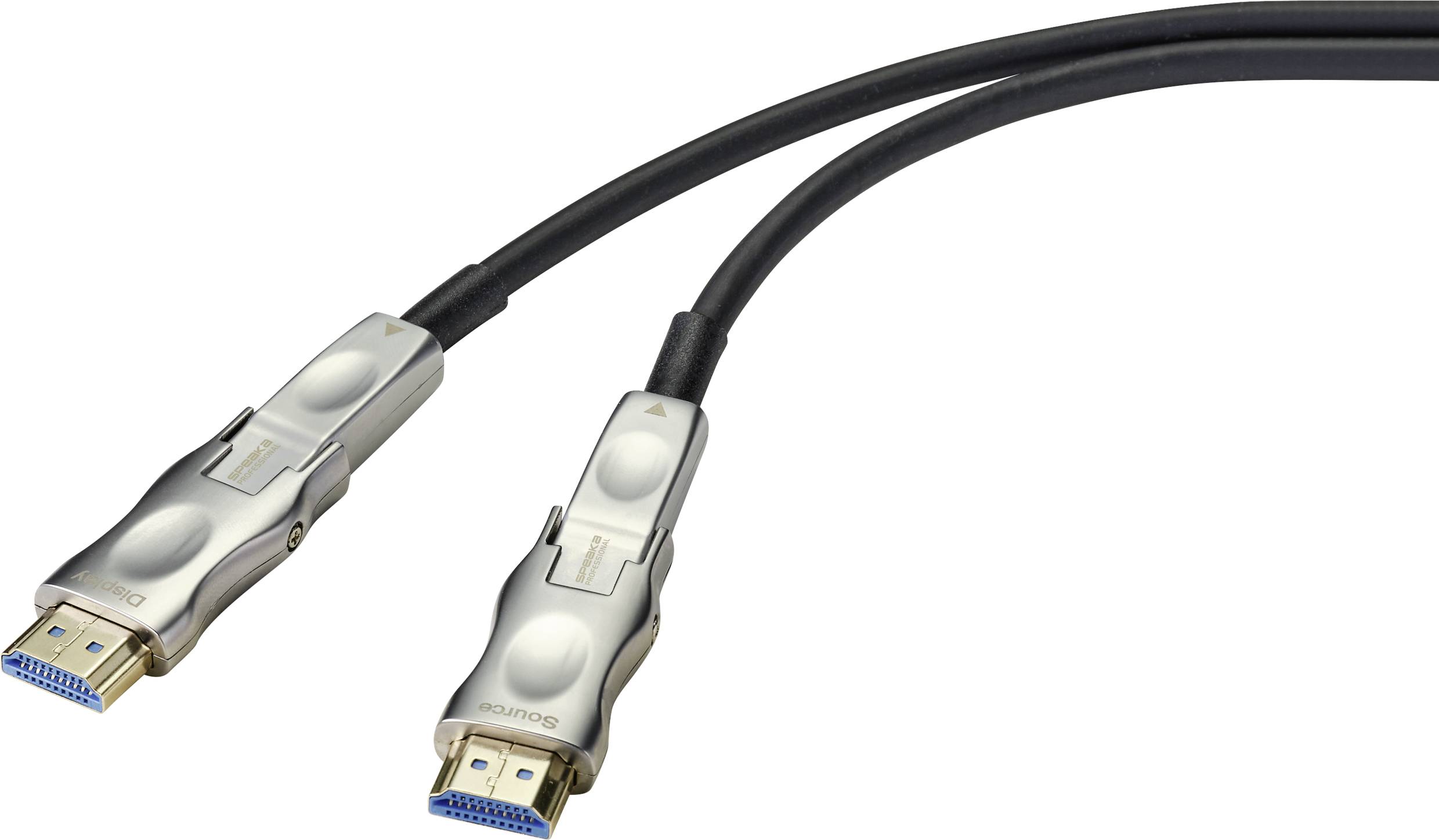 Zwei verbundene HDMI-Kabel mit silbernen Anschlüssen und schwarzer Ummantelung, die für hochauflösende Video- und Audioübertragung verwendet werden.