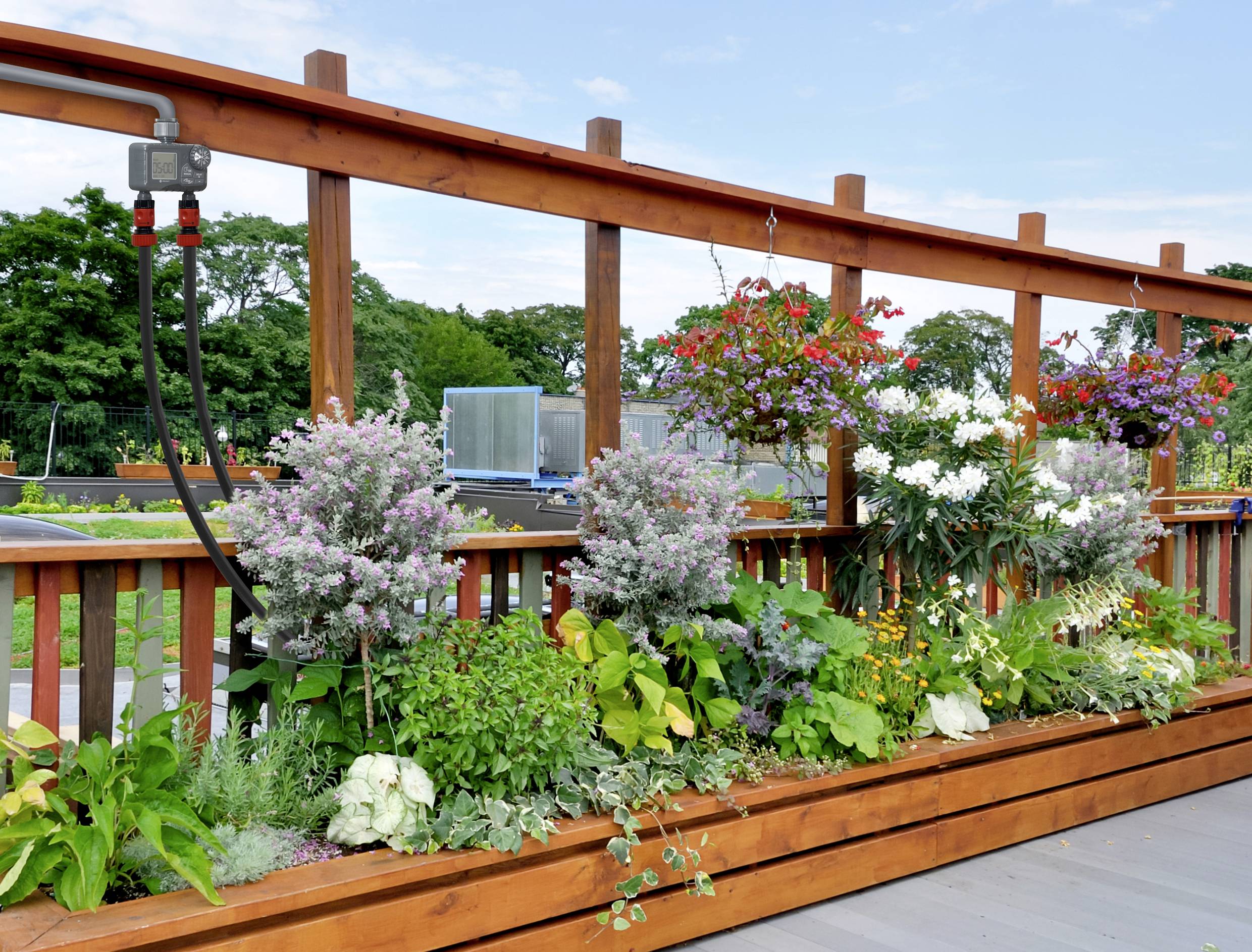 Ein Hochbeet voller bunter Blumen und grünem Laub steht auf einer Terrasse. Im Hintergrund sind Bäume und ein blauer Himmel zu sehen.