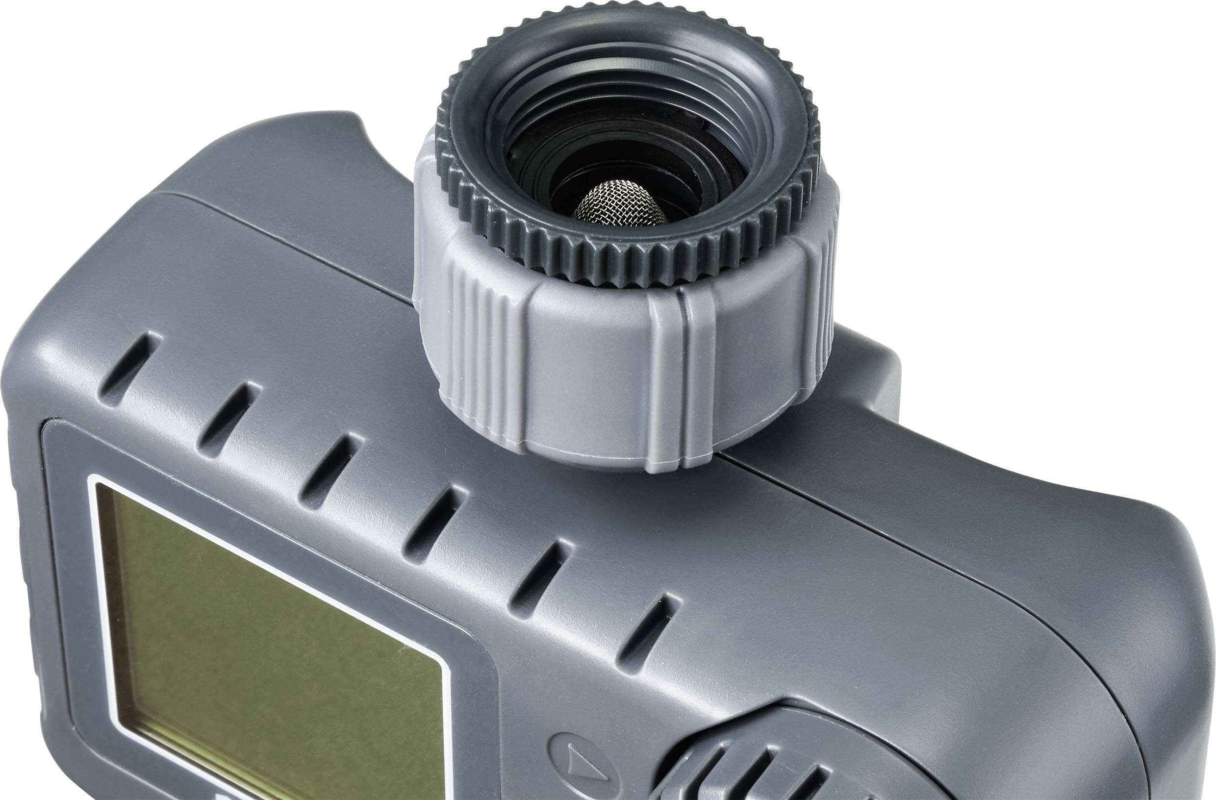 Ein graues Digitalgerät mit Knopf und Display, möglicherweise ein Messgerät.